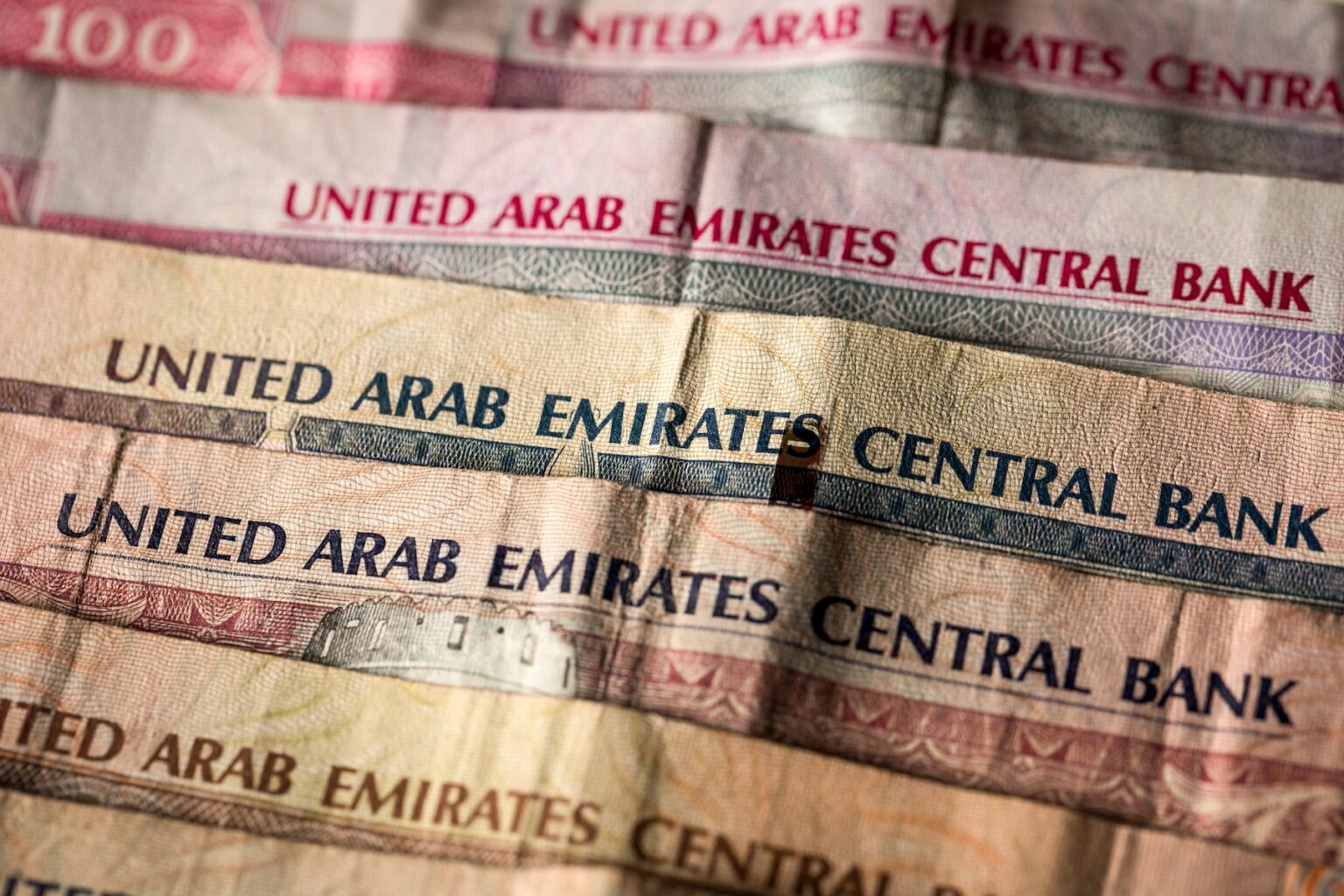Close-up of UAE dirham banknotes issued by the United Arab Emirates Central Bank