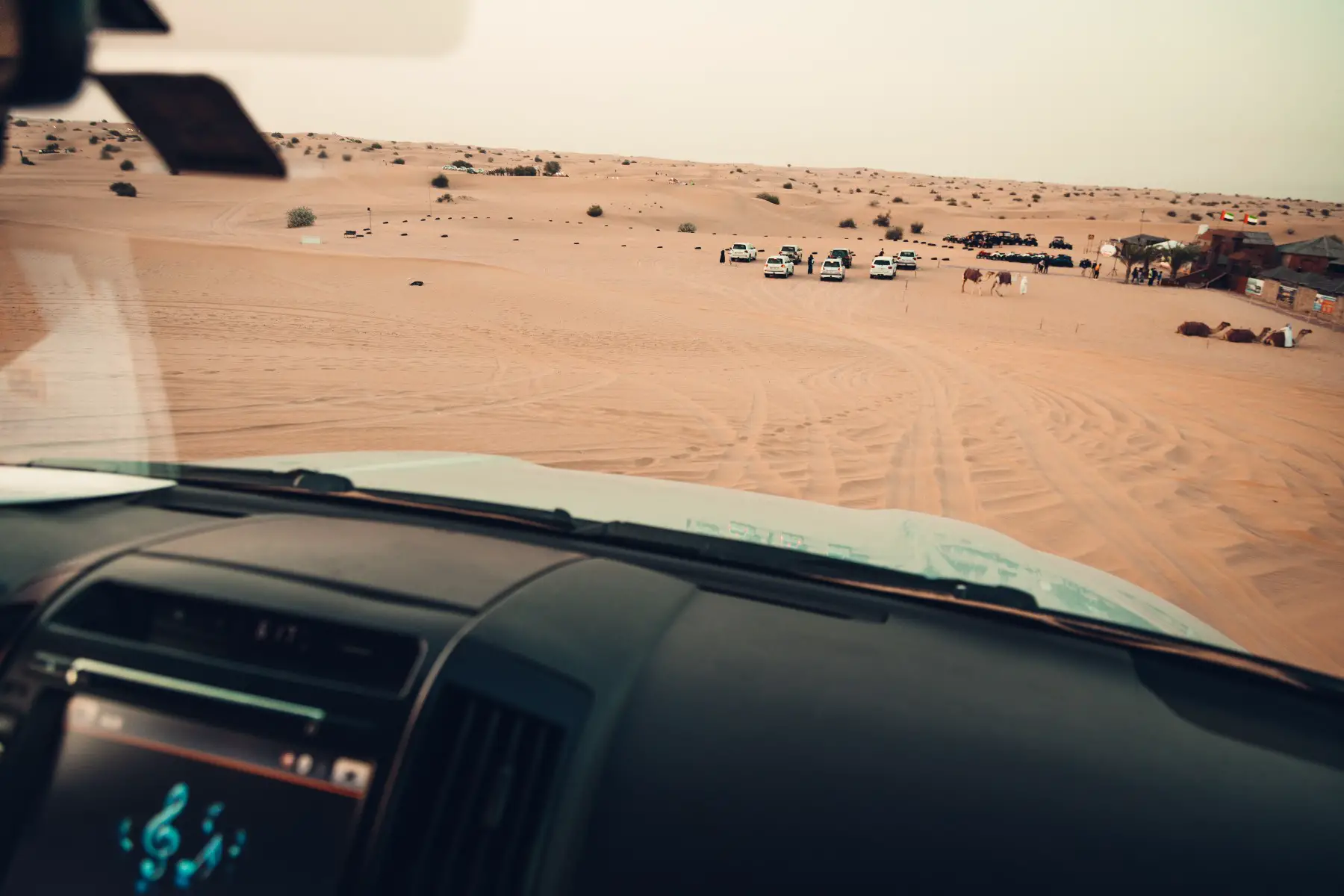 Driving off-road to a camp with camels.