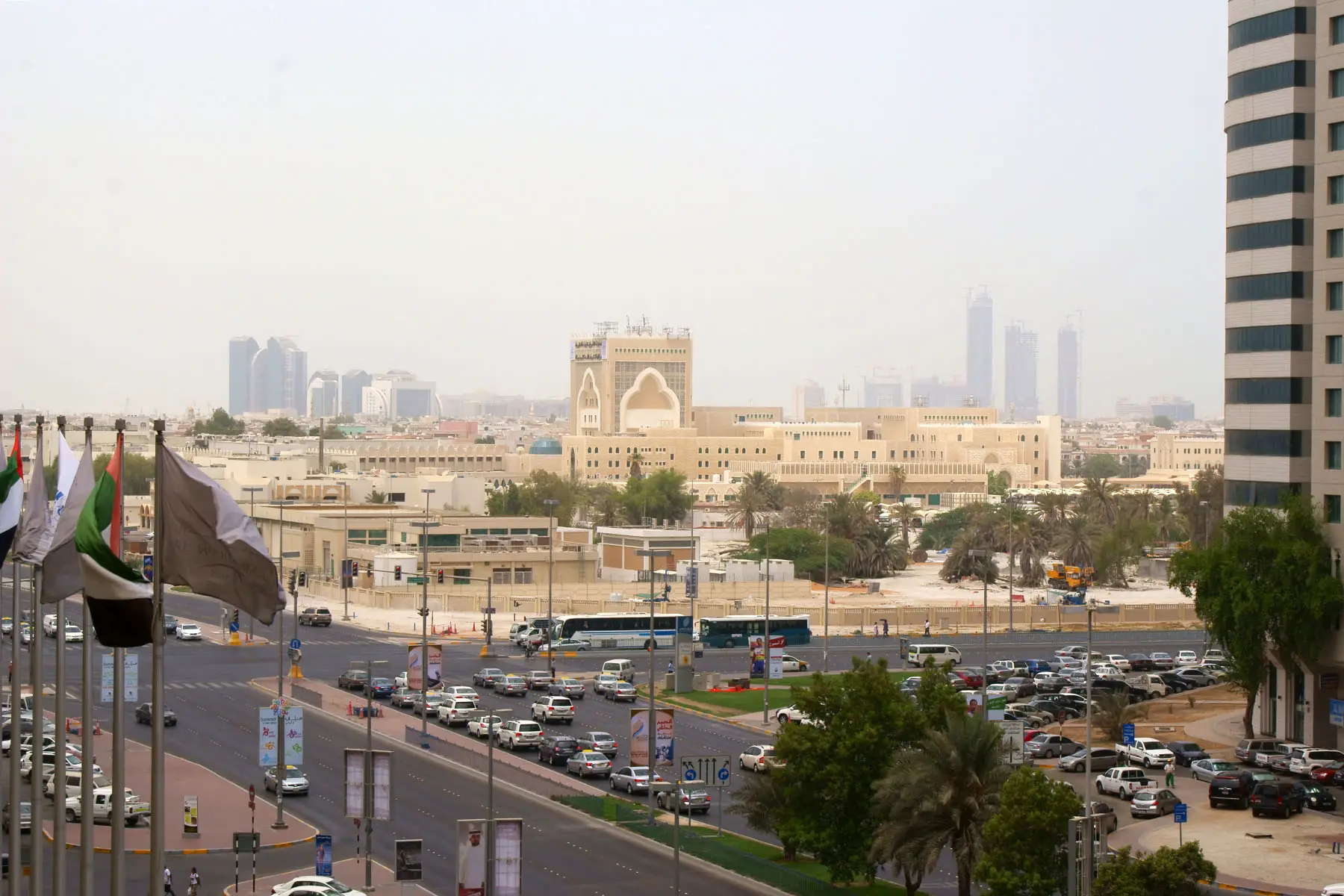 Busy intersection near Shaikh Khalifa Medical City in Abu Dhabi, UAE.