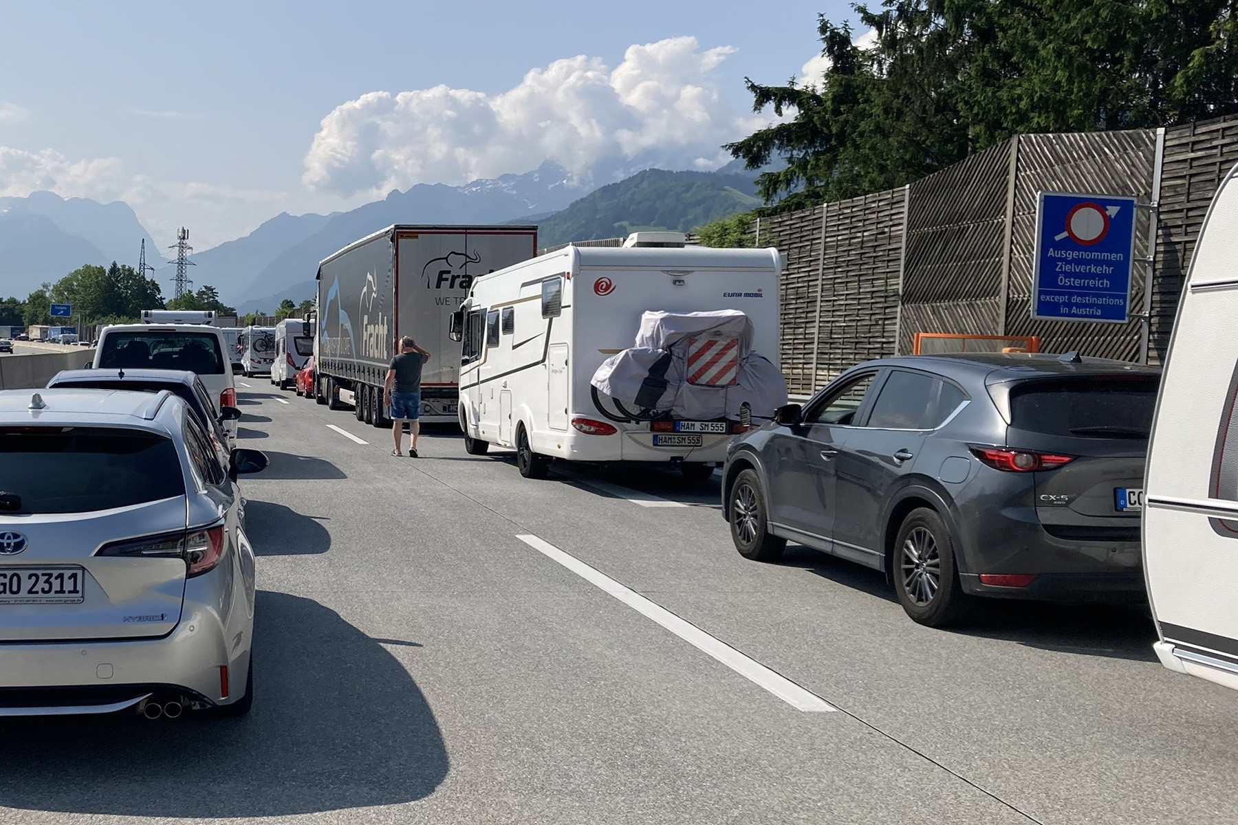Traffic jam with holidaymakers on the A10 Tauern freeway near Hallein in Austria