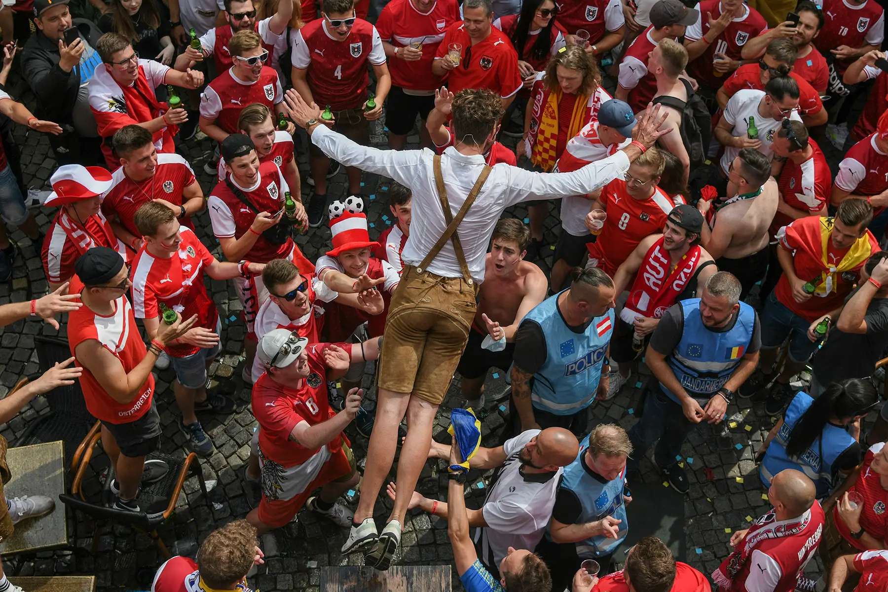 Austrian football supporters having a small celebration