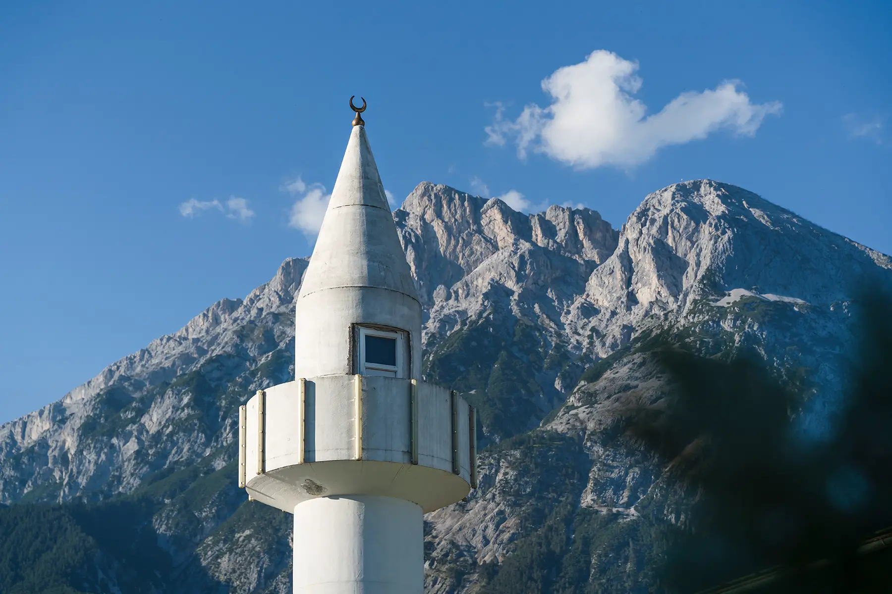 A minaret at a mosque in Telfs, Austria