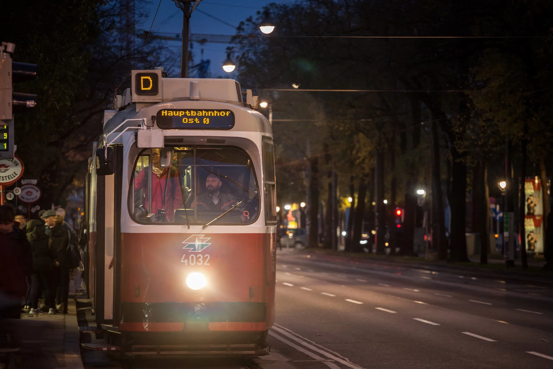 A tram in Vienna at night