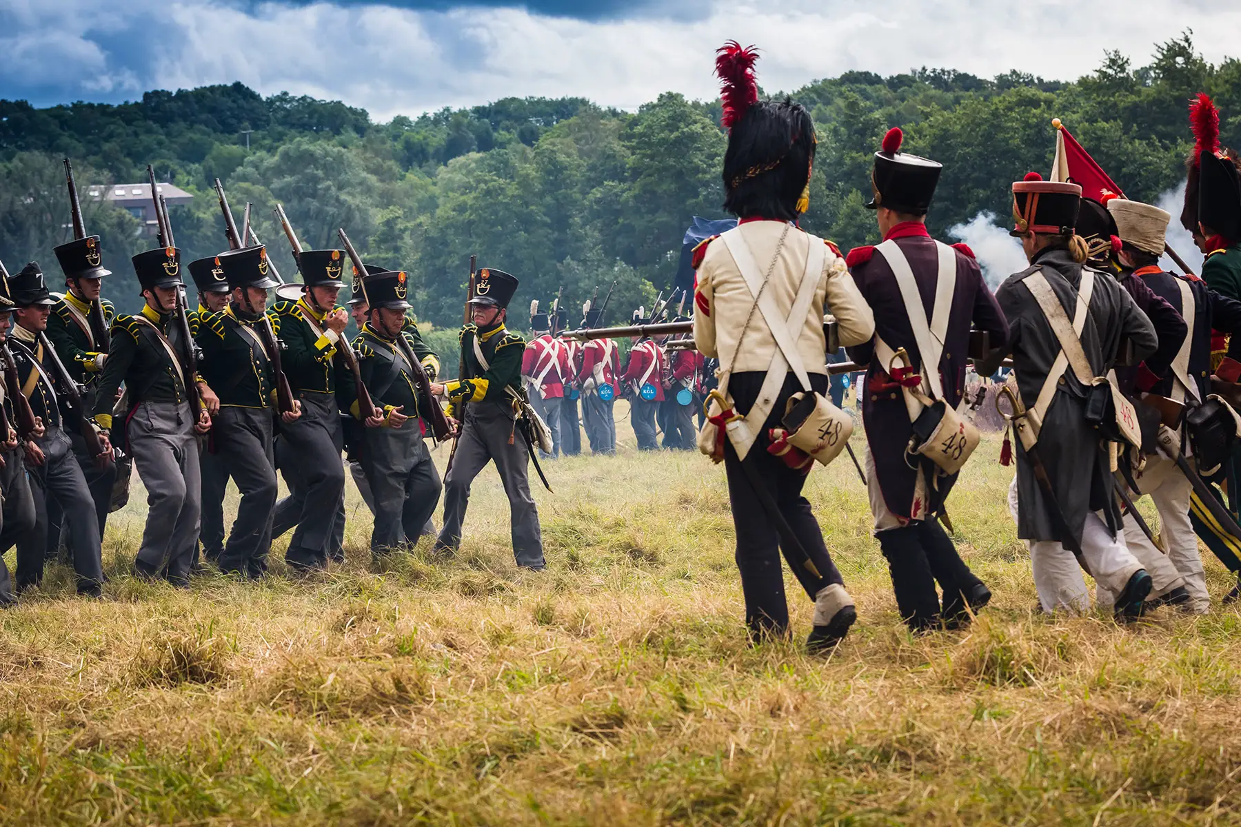 Re-enactors dressed as soldiers at a Battle of Waterloo reenactment