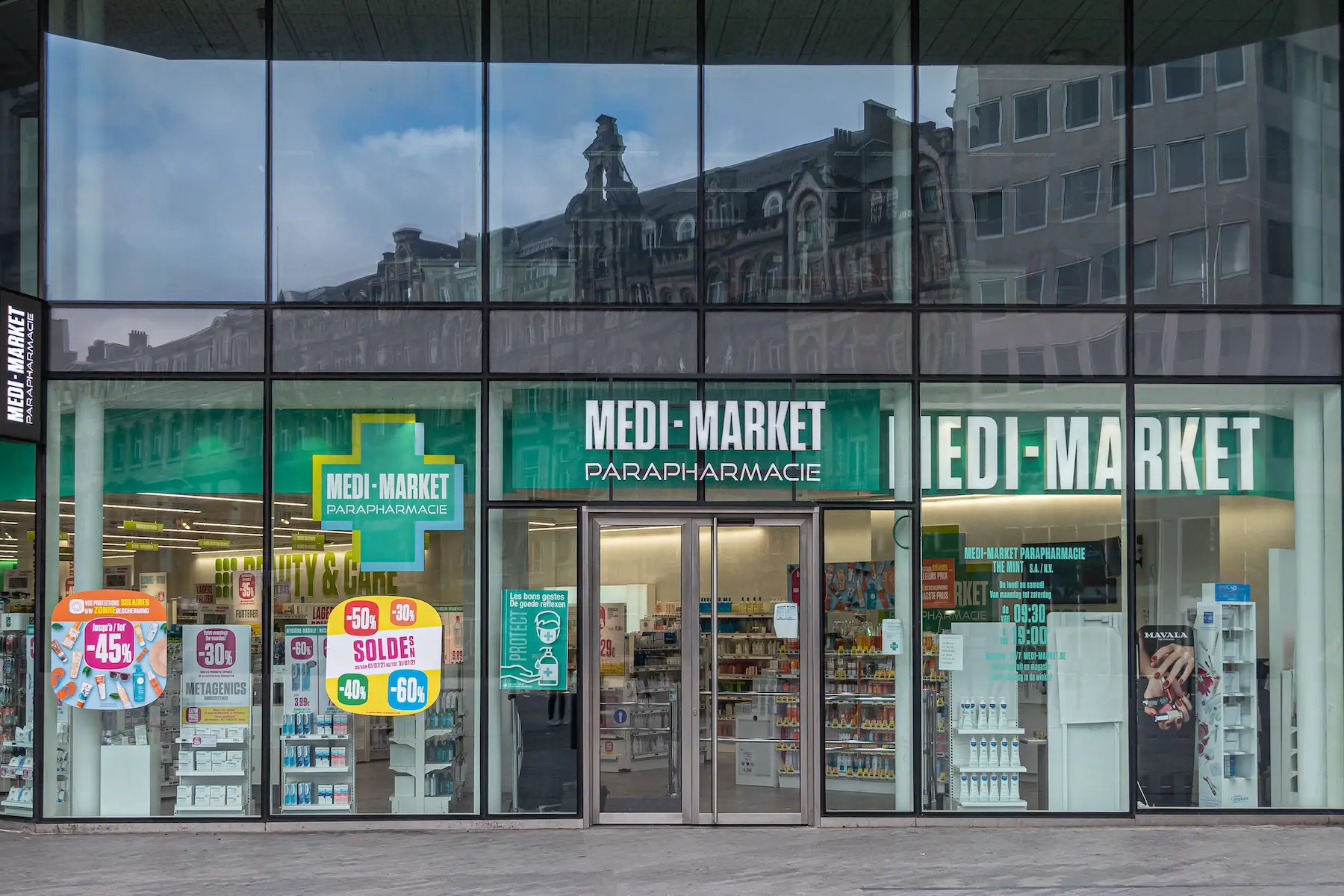 The front entrance of a large pharmacy in Brussels, Belgium