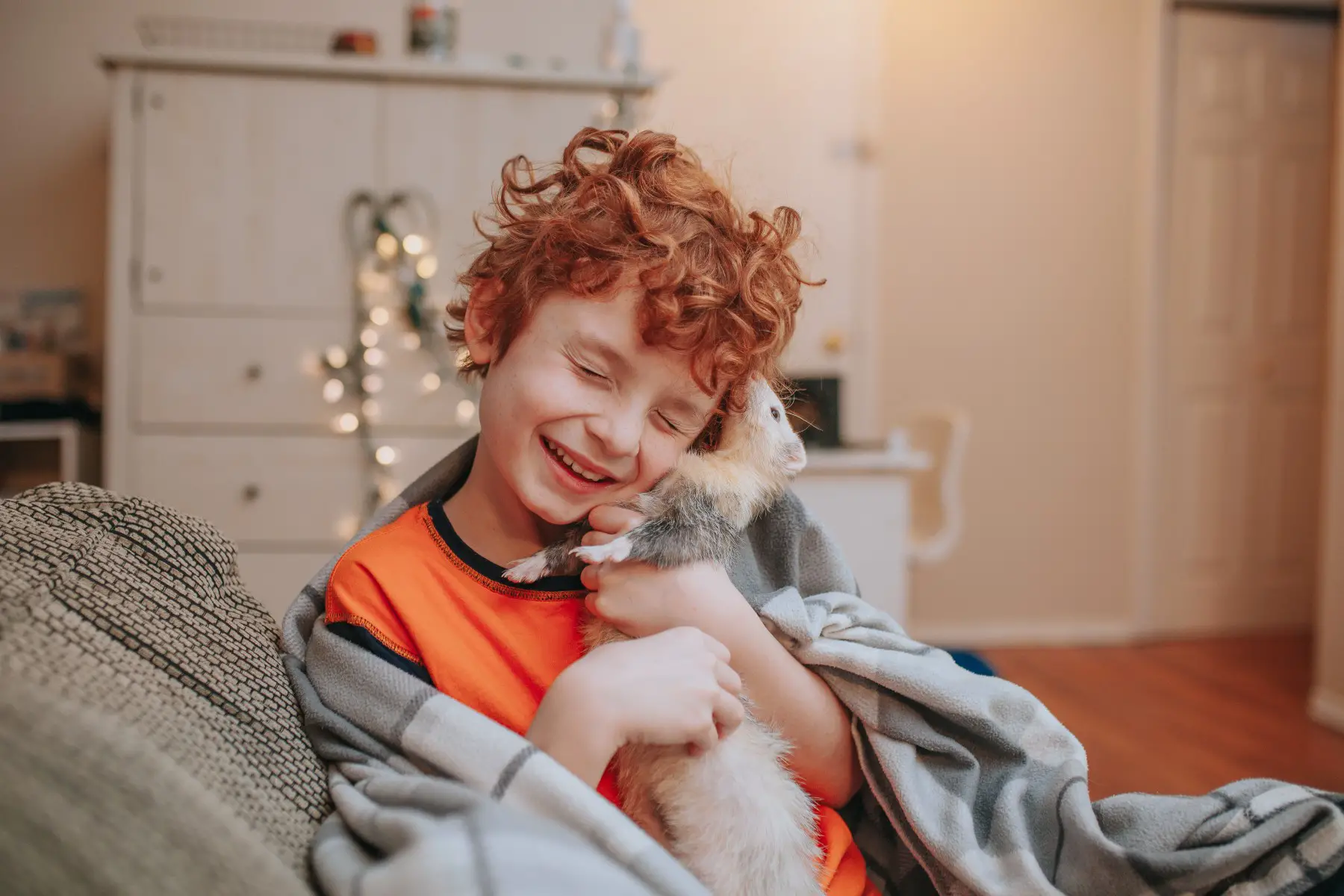 Ferret cuddling with his little boy human.