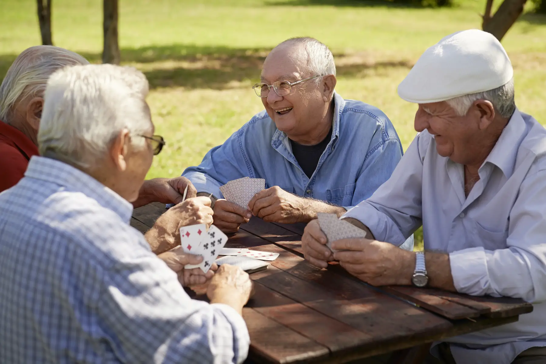 elderly men playing cards at picnic bench in a park