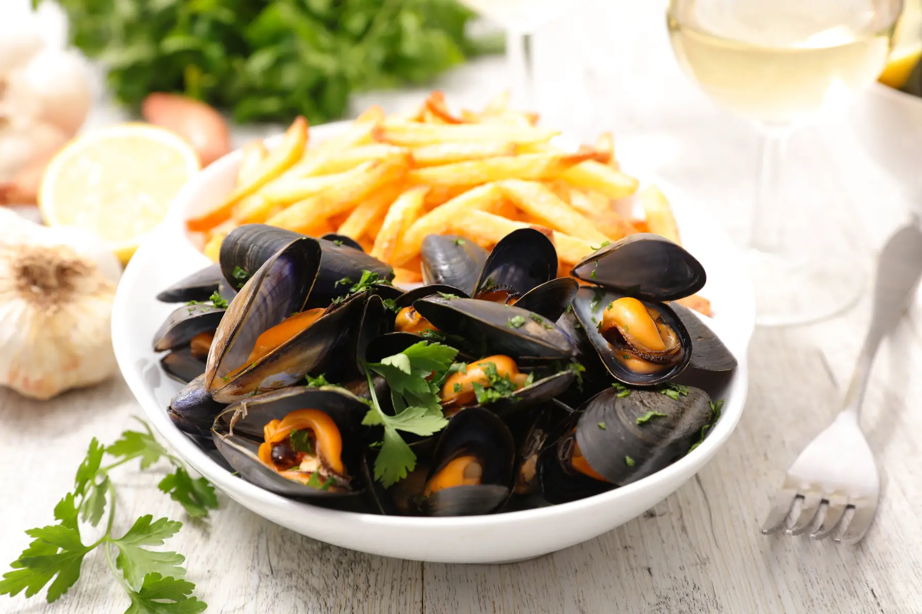 Moules frites in a bowl