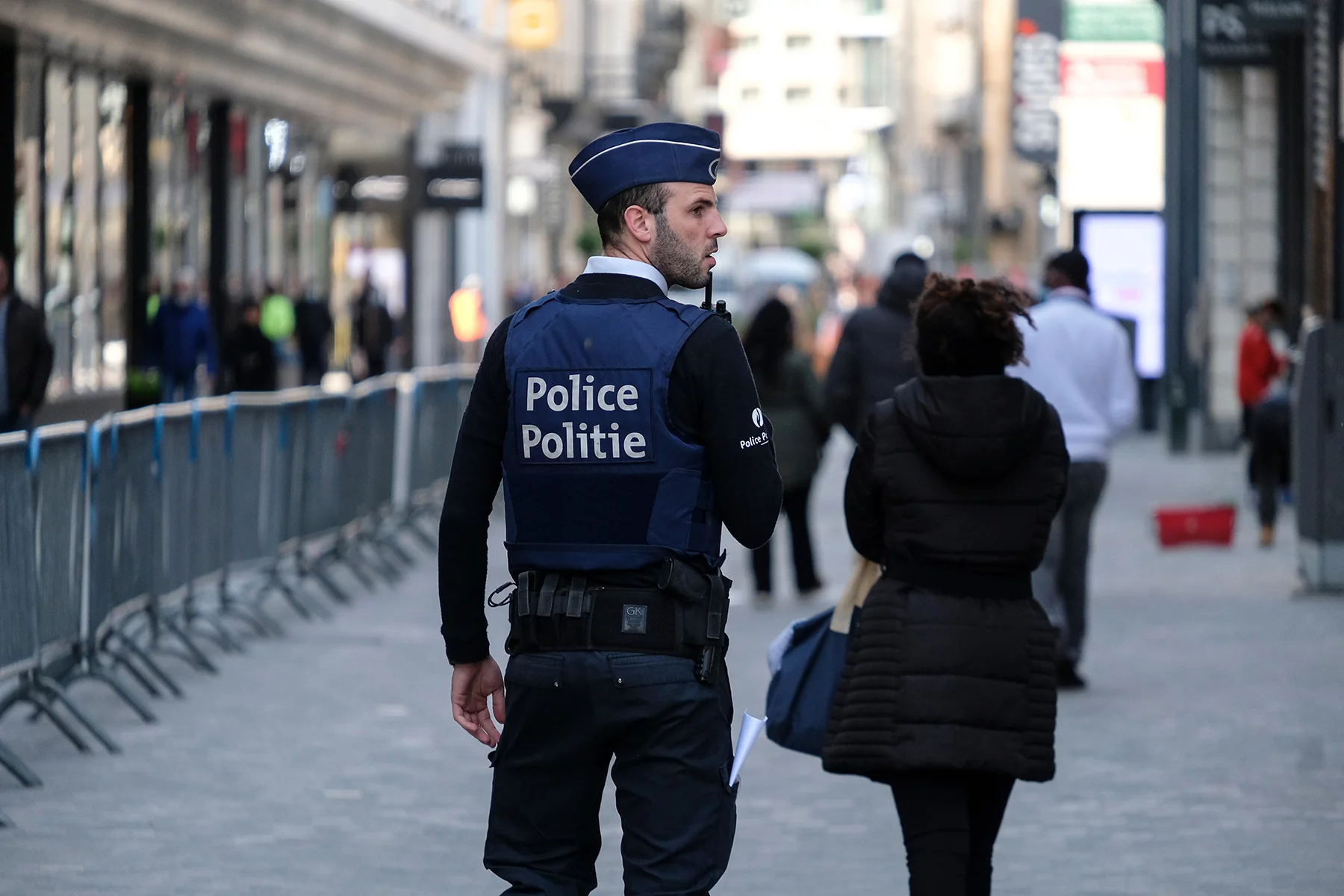 Police officer on patrol in Brussels, Belgium