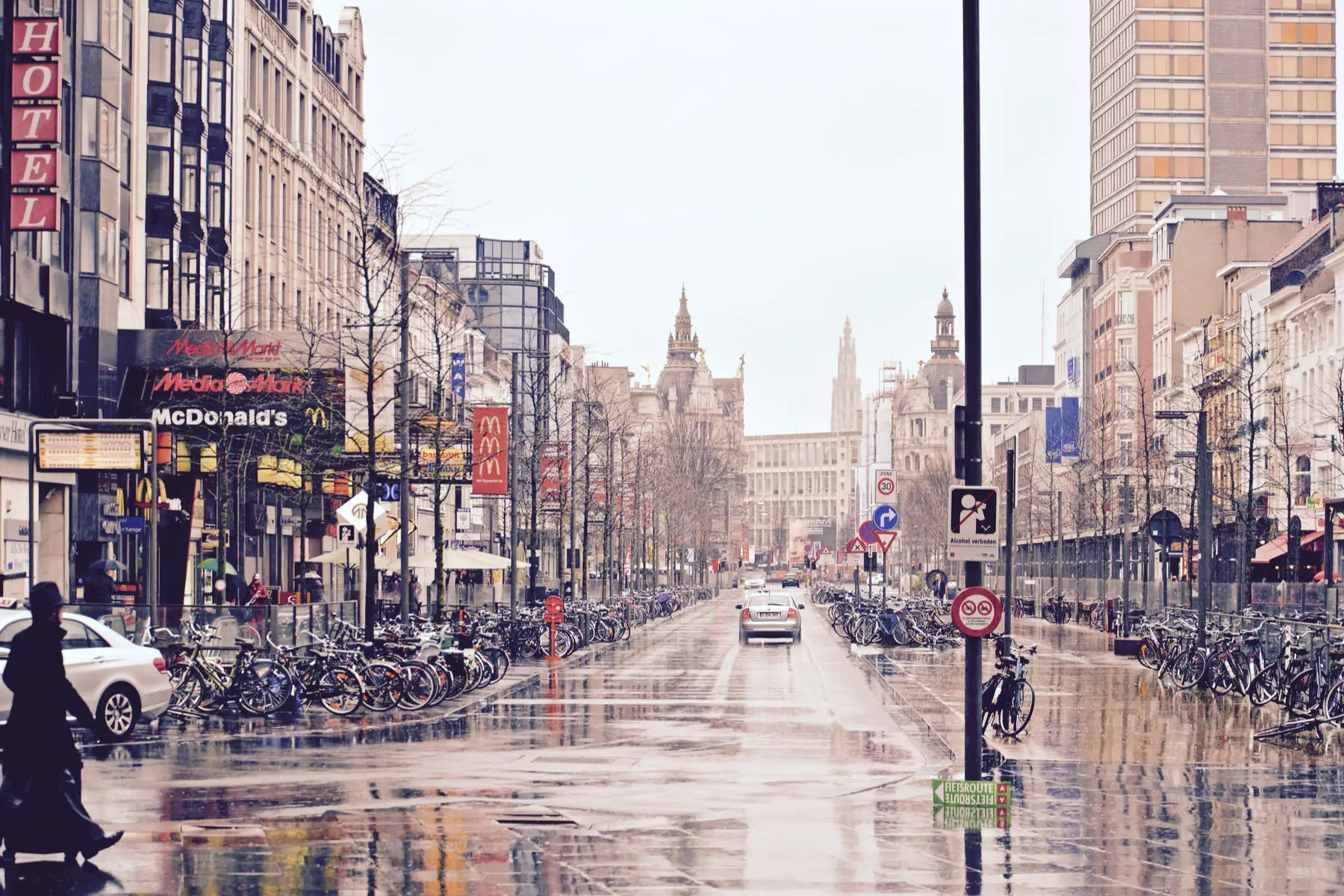 A Brussels, Belgium street in the rain