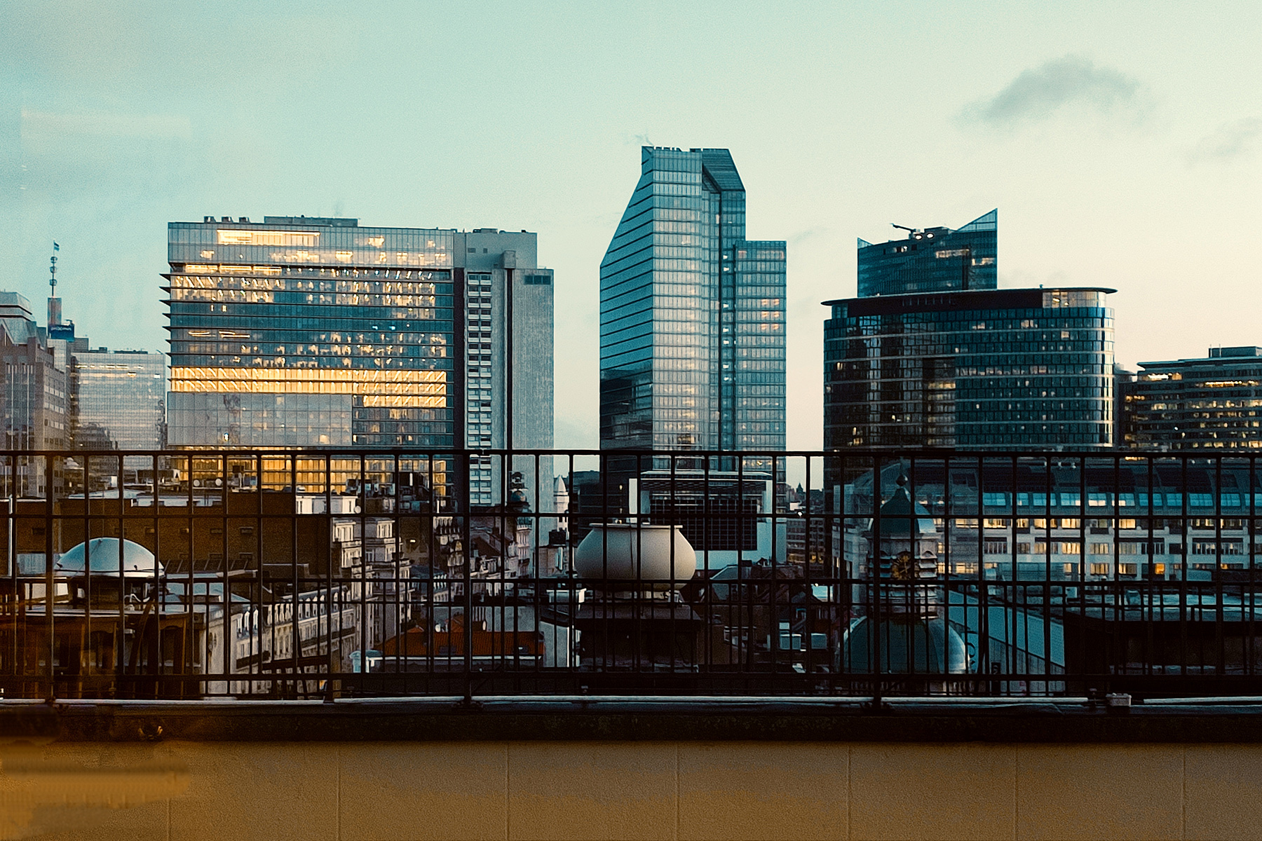 View of modern buildings in Brussels in the evening