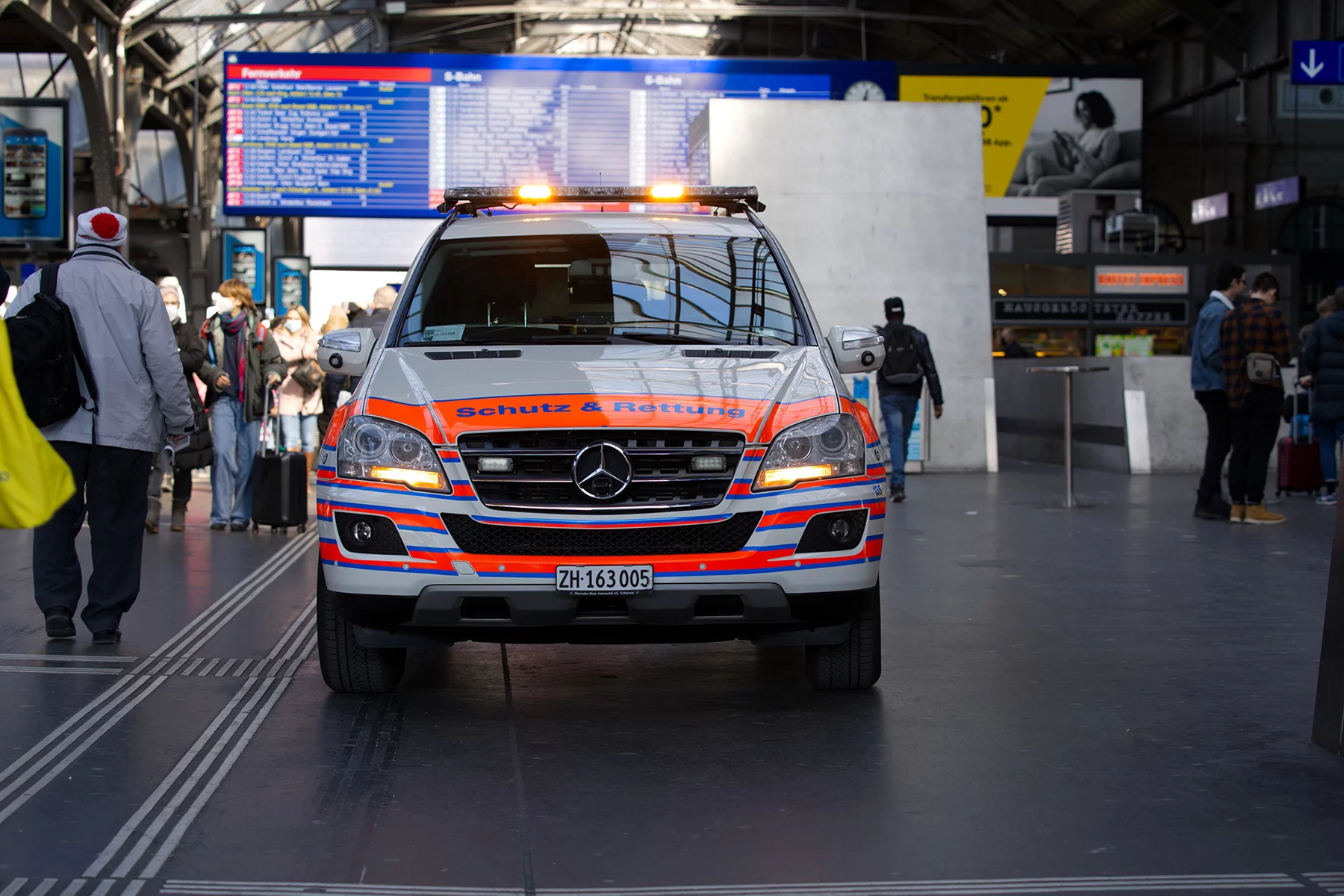 An ambulance at the main train station in Zurich, Switzerland