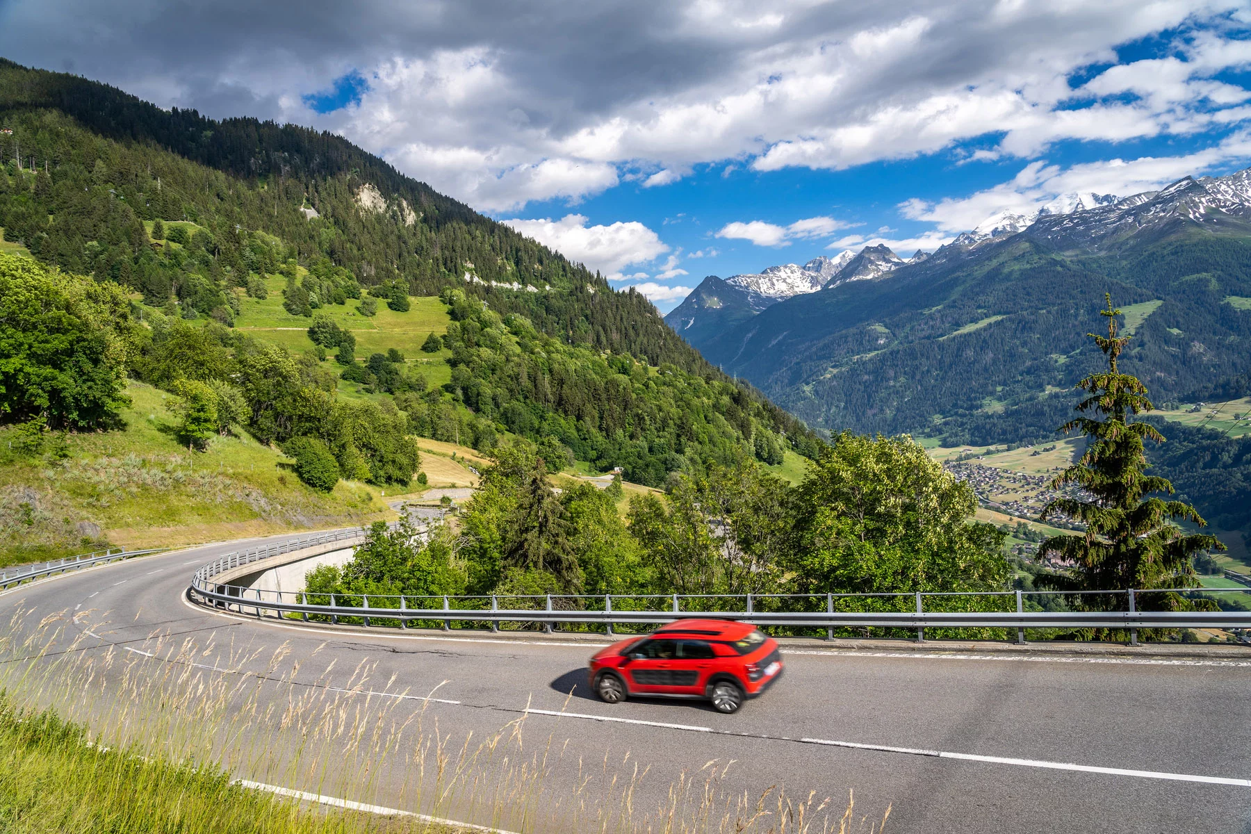 Driving through a mountain pass in Switzerland