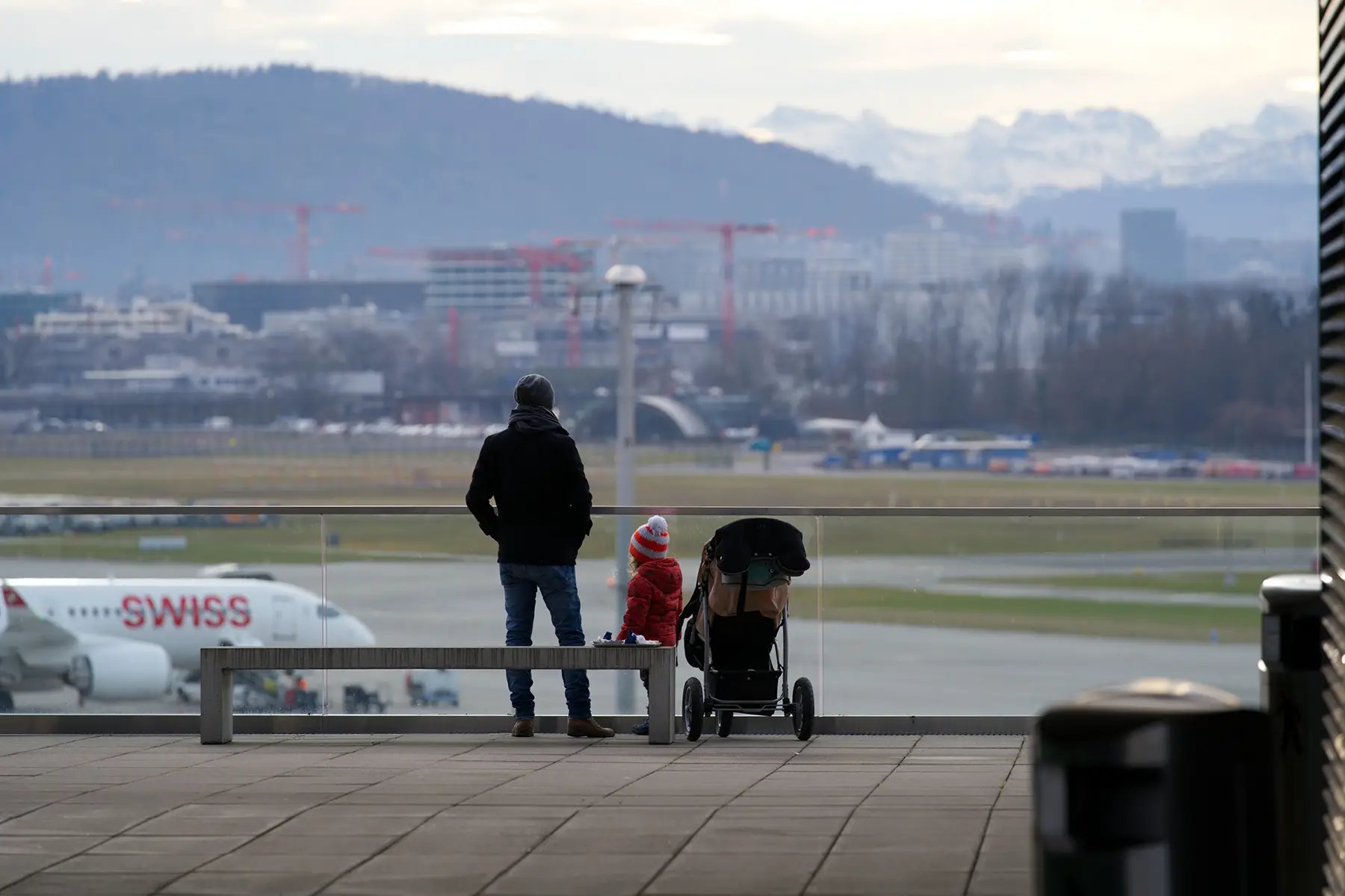 A family at Zurich Airport in Switzerland