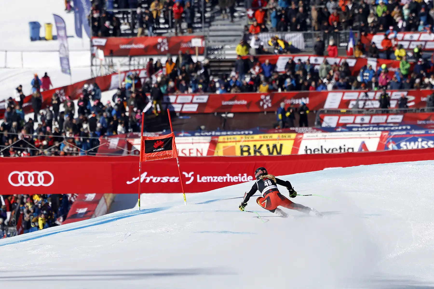 Fans watching the women's super-G at a 2022 Alpine Skiing World Cup event in Lenzerheide, Switzerland