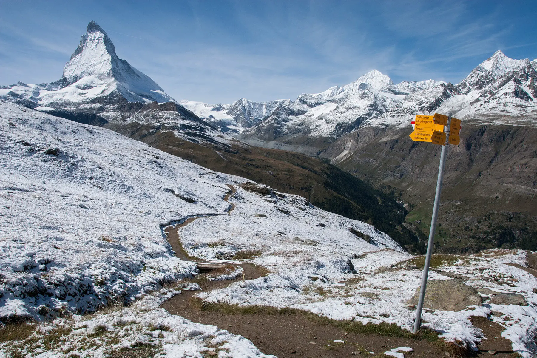Wanderweg signs to indicate hiking trails in Switzerland