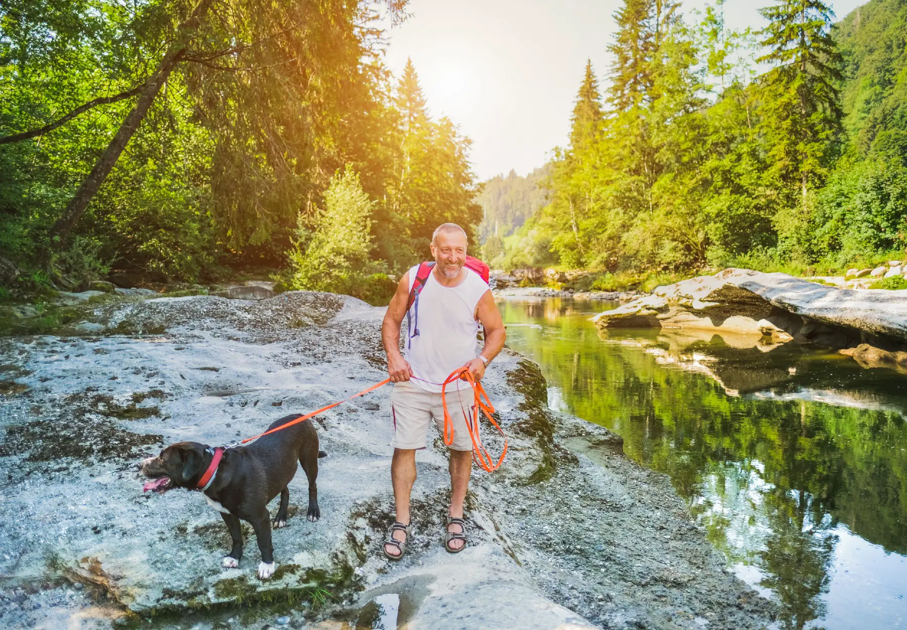 Man hiking with his dog in Switzerland