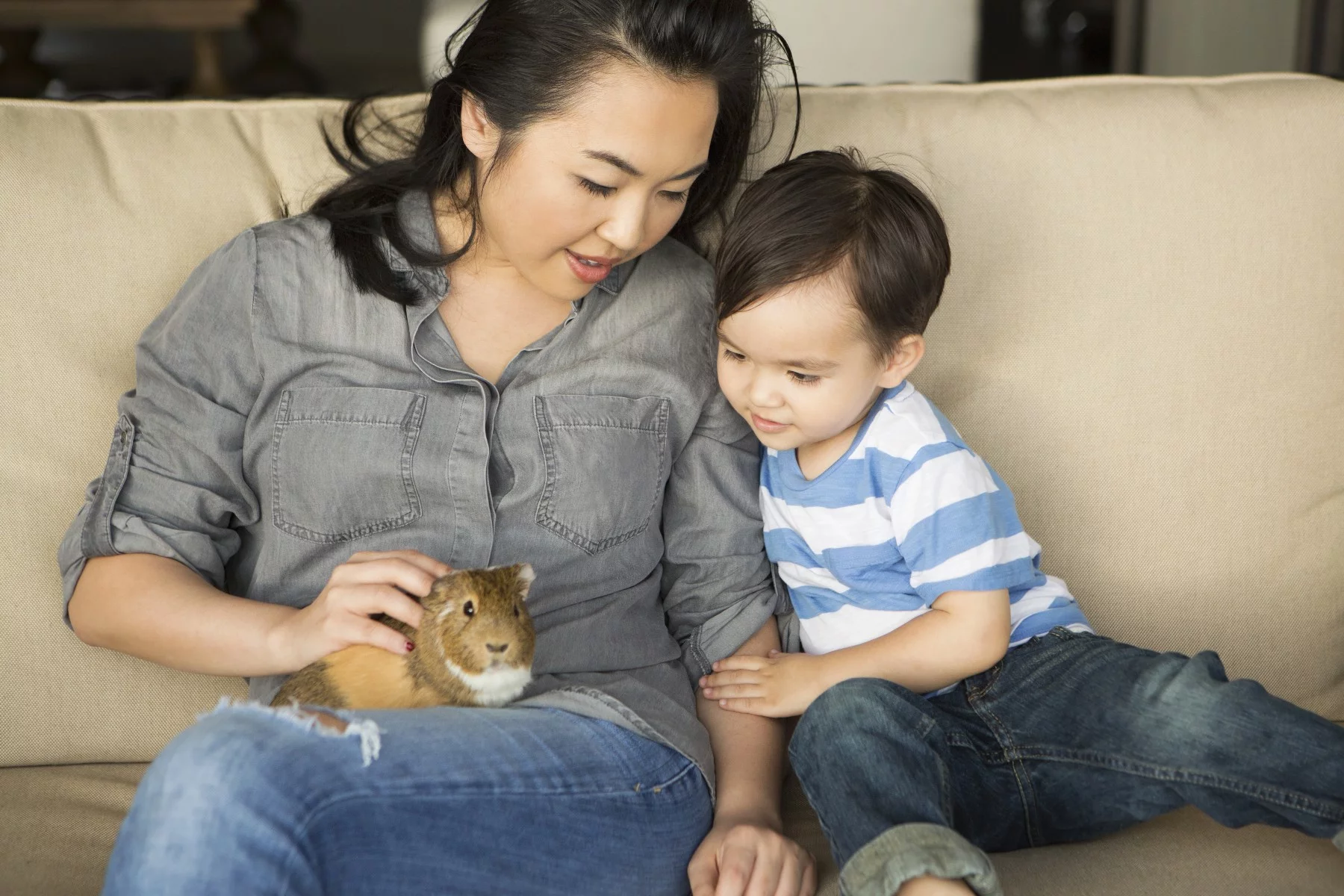 Mother and son with a guinea pig