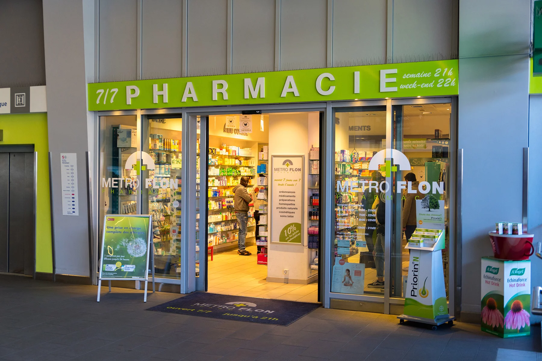 The front door of an open pharmacy in French-speaking Switzerland