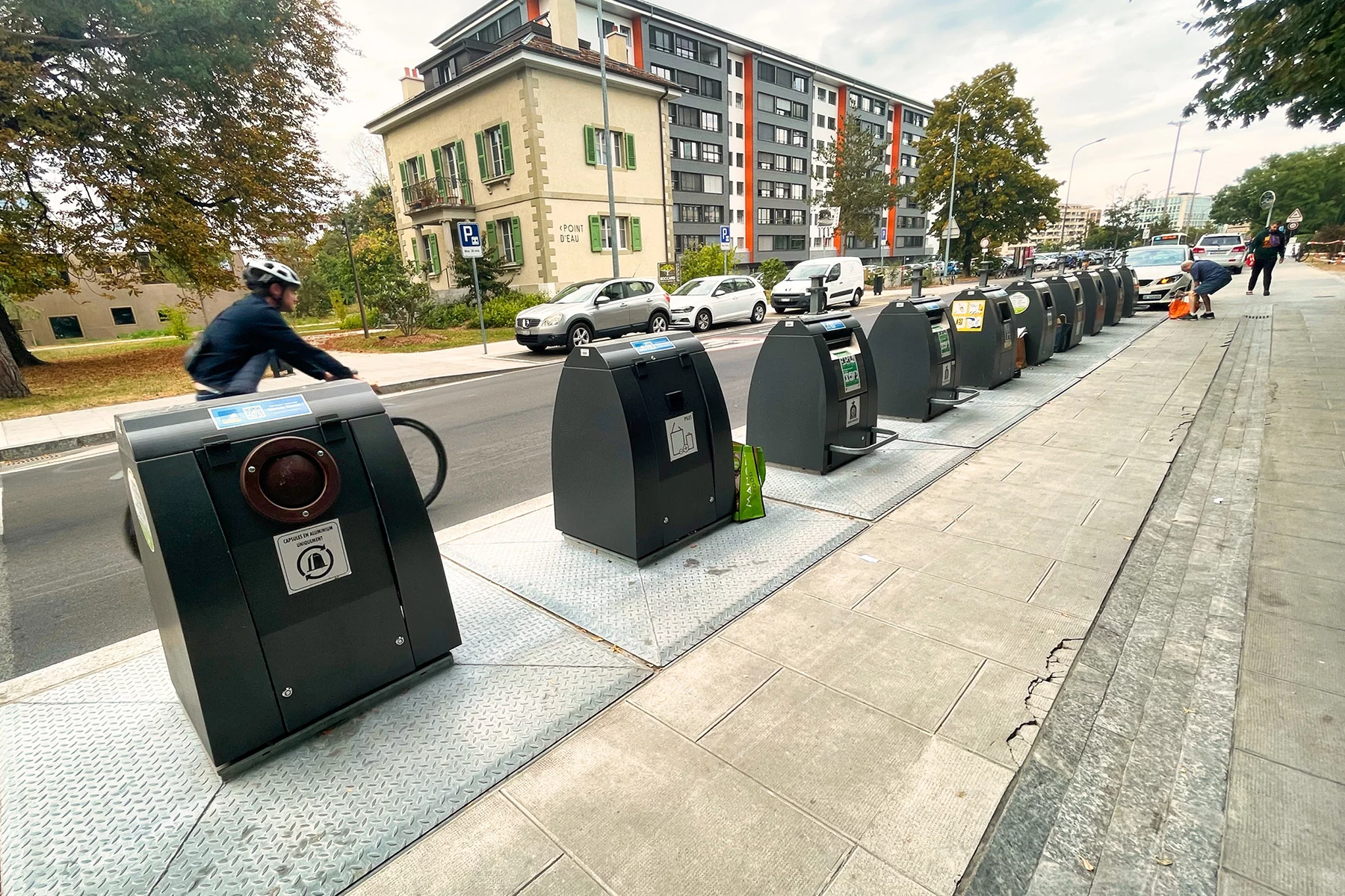 A line of recycling containers in Geneva
