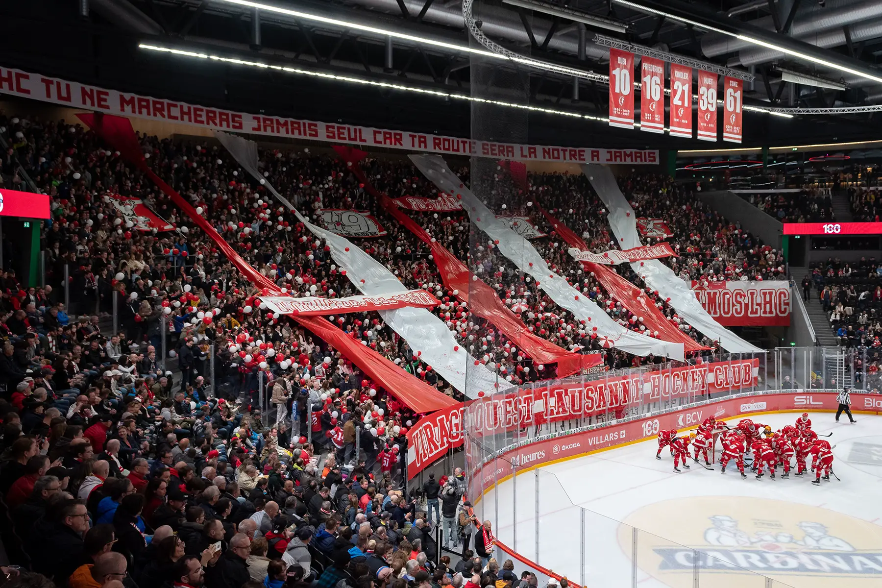 Supporters at a hockey game in Lausanne, Switzerland