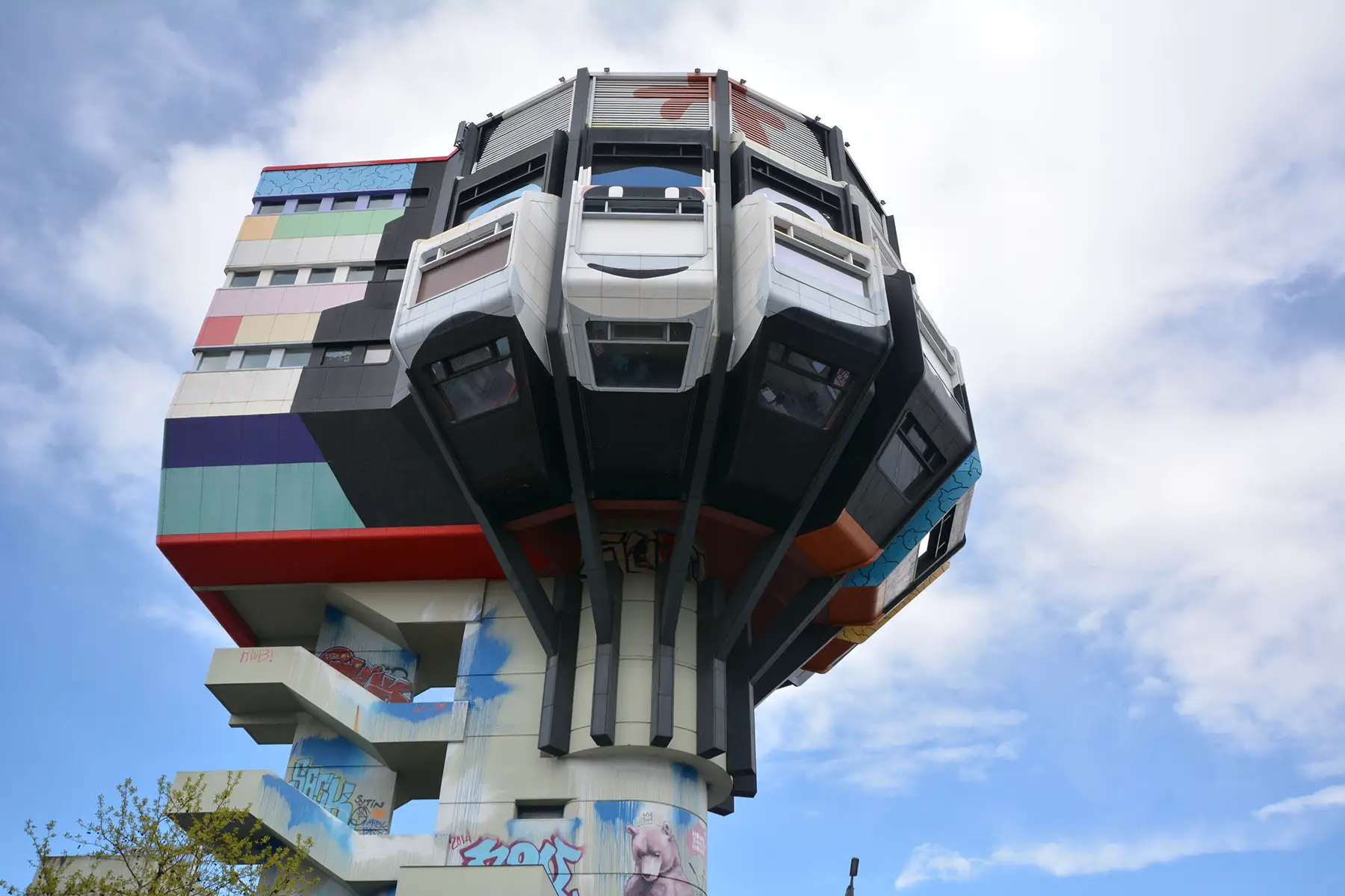 An unusual multicolored tower building with a hexagonal top in Steiglitz-Zehlendorf, Berlin
