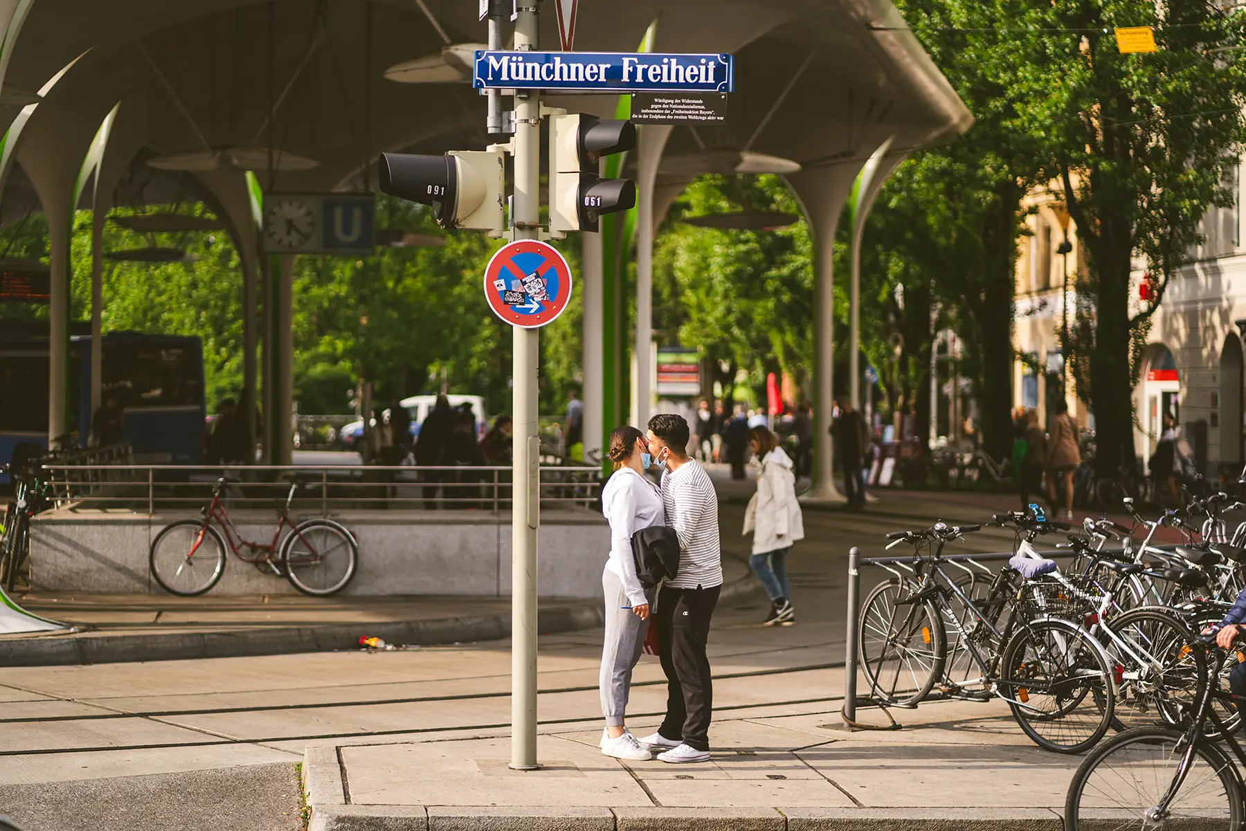 Couple flirting on a street in Munich