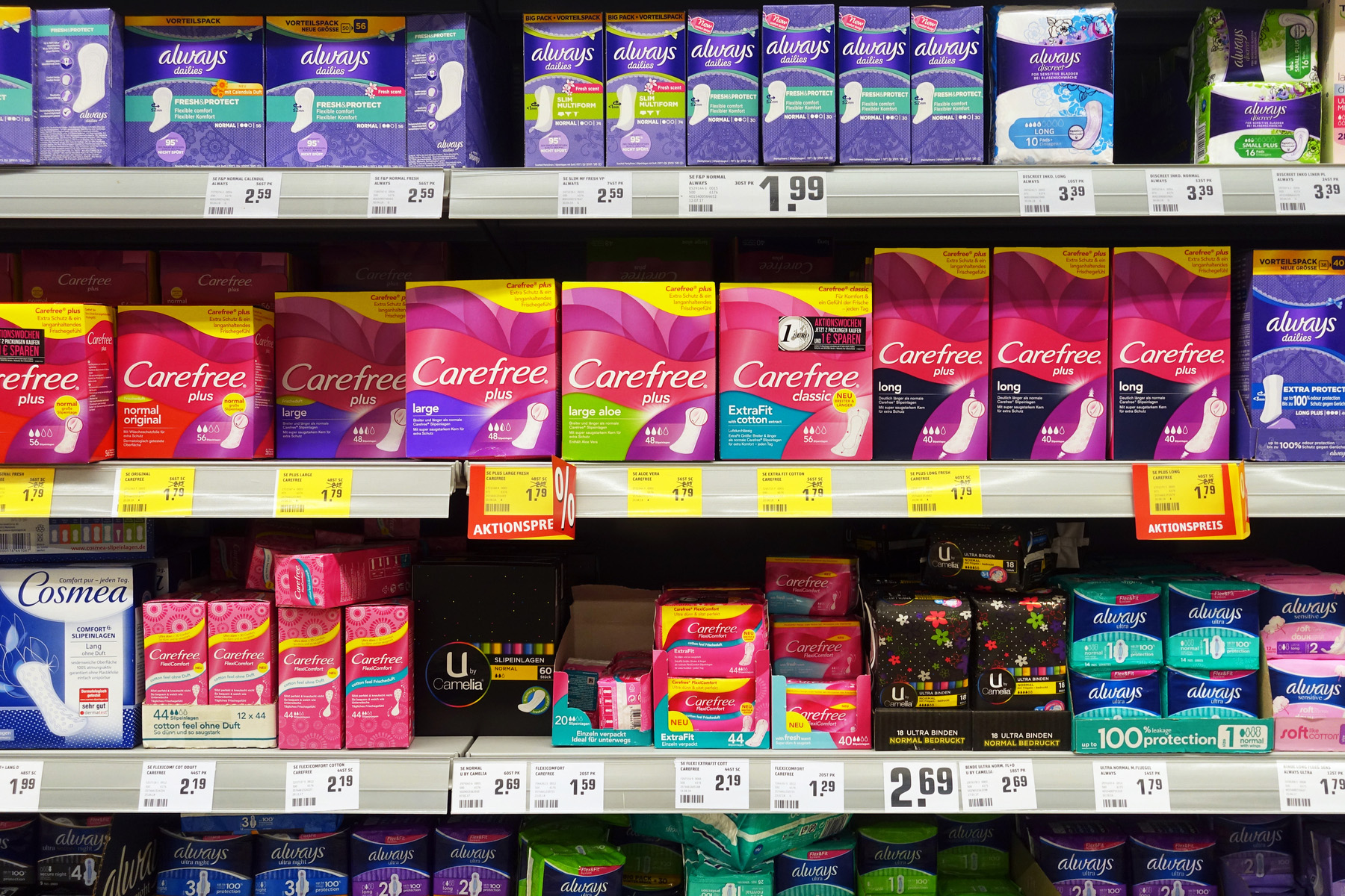 Menstrual products for sale in the sexual health section of a German supermarket