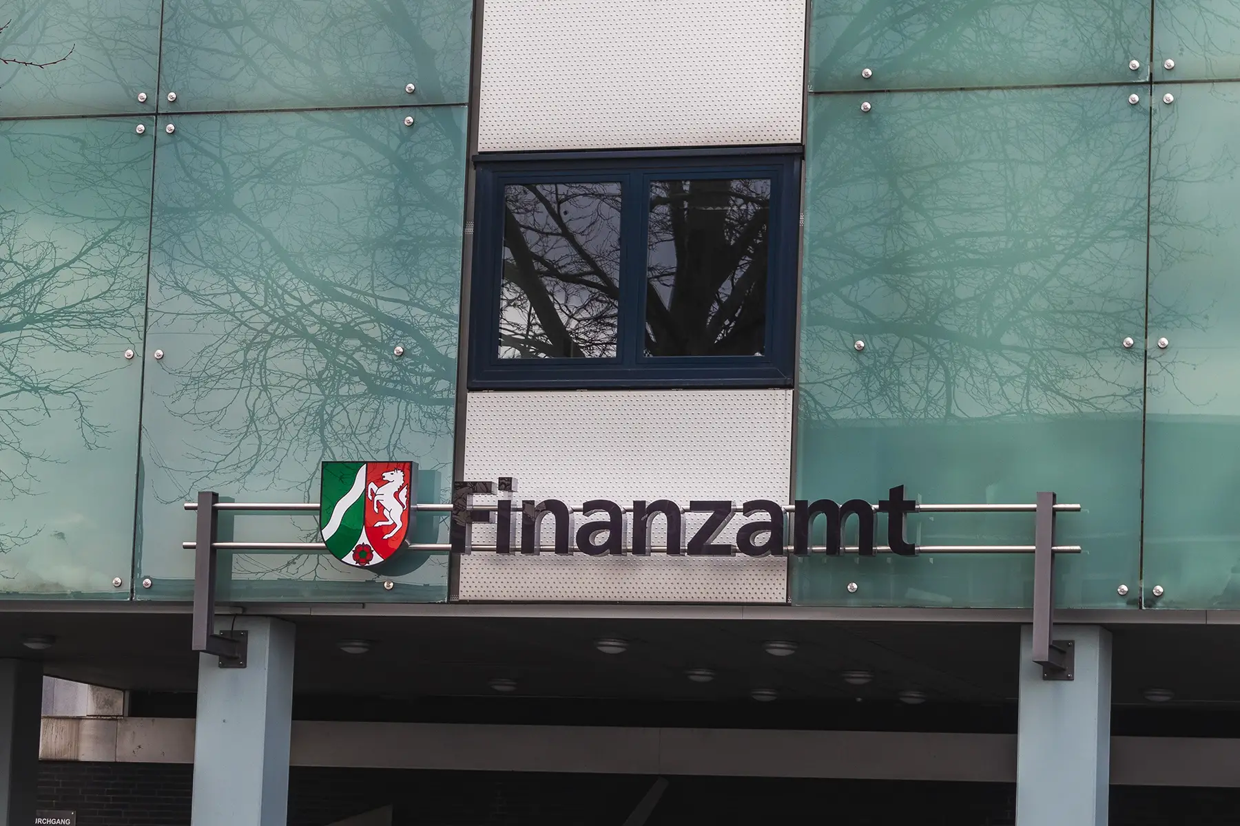 Outside sign of the finanzamt office in Paderborn, Germany.