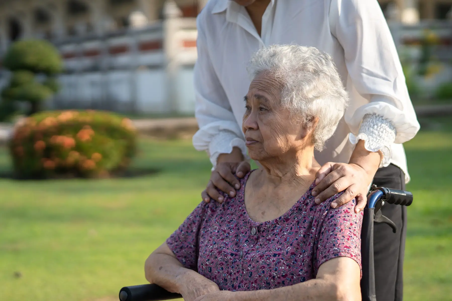 Elderly lady sitting on wheelchair in park, caregiver standing behind her with their hands on her shoulders.