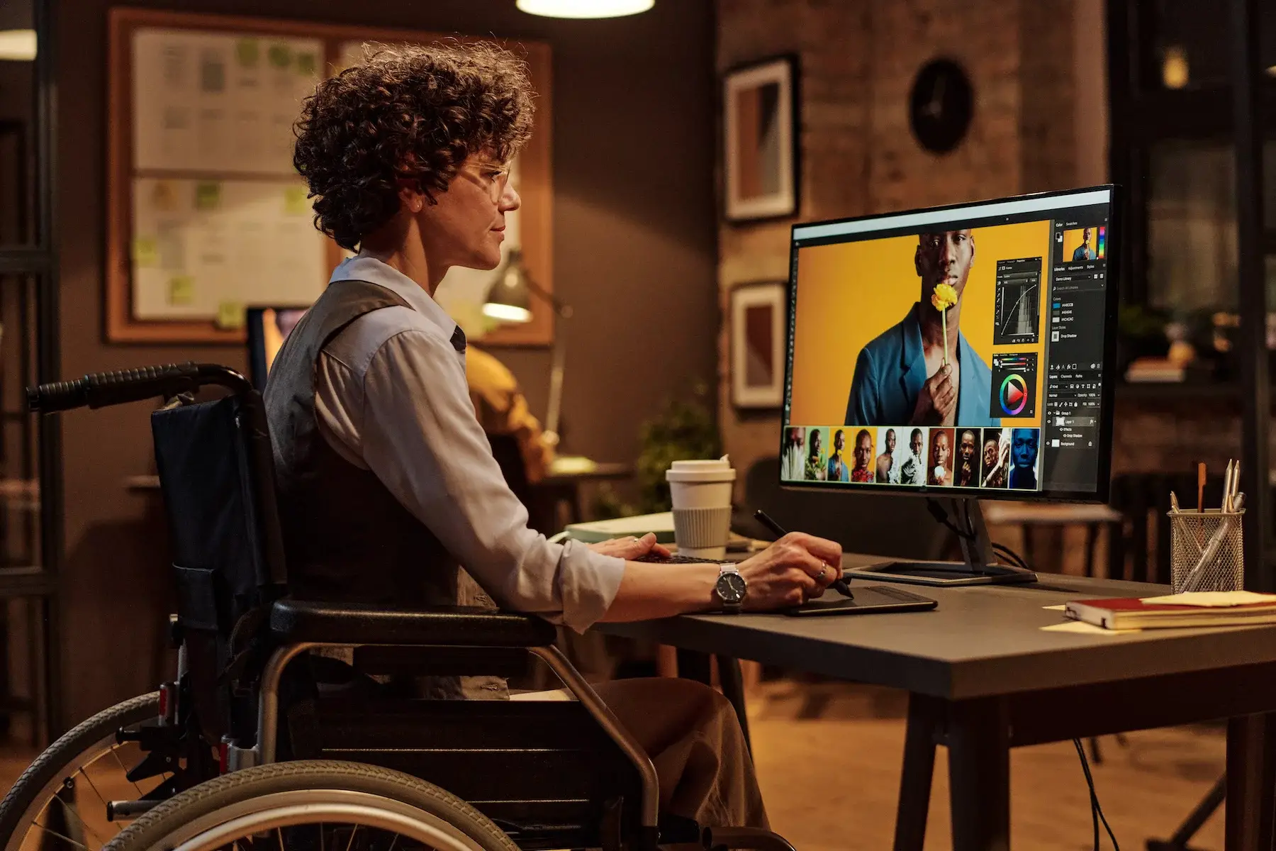 A graphic designer sits at a desk in their wheelchair editing images with a creative software
