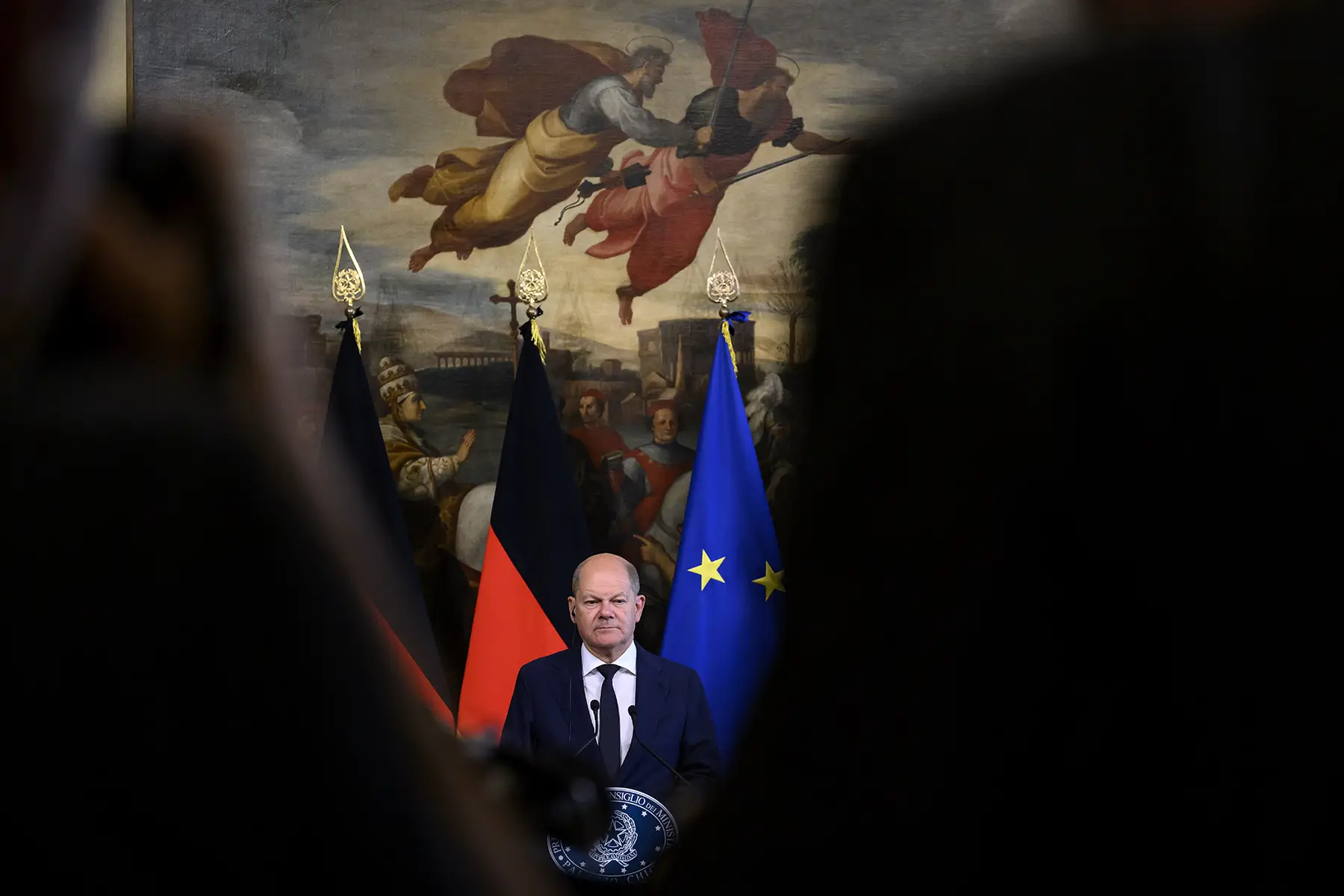 Germany's Chancellor Olaf Scholz holds a press conference on June 08, 2023 in Rome, Italy