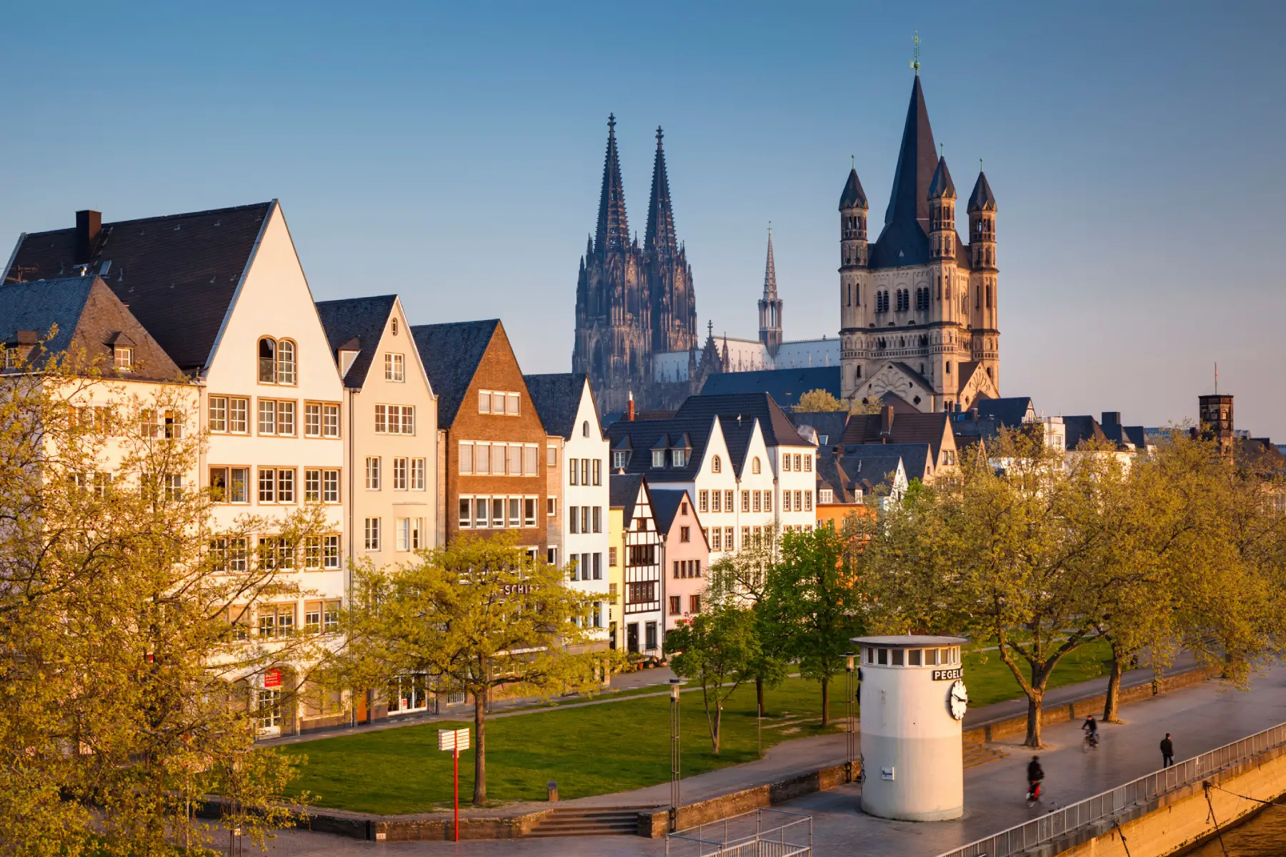 a row of houses and trees in a residential area of Cologne's old town with Great Saint Martin Church and Cologne Cathedral in the background