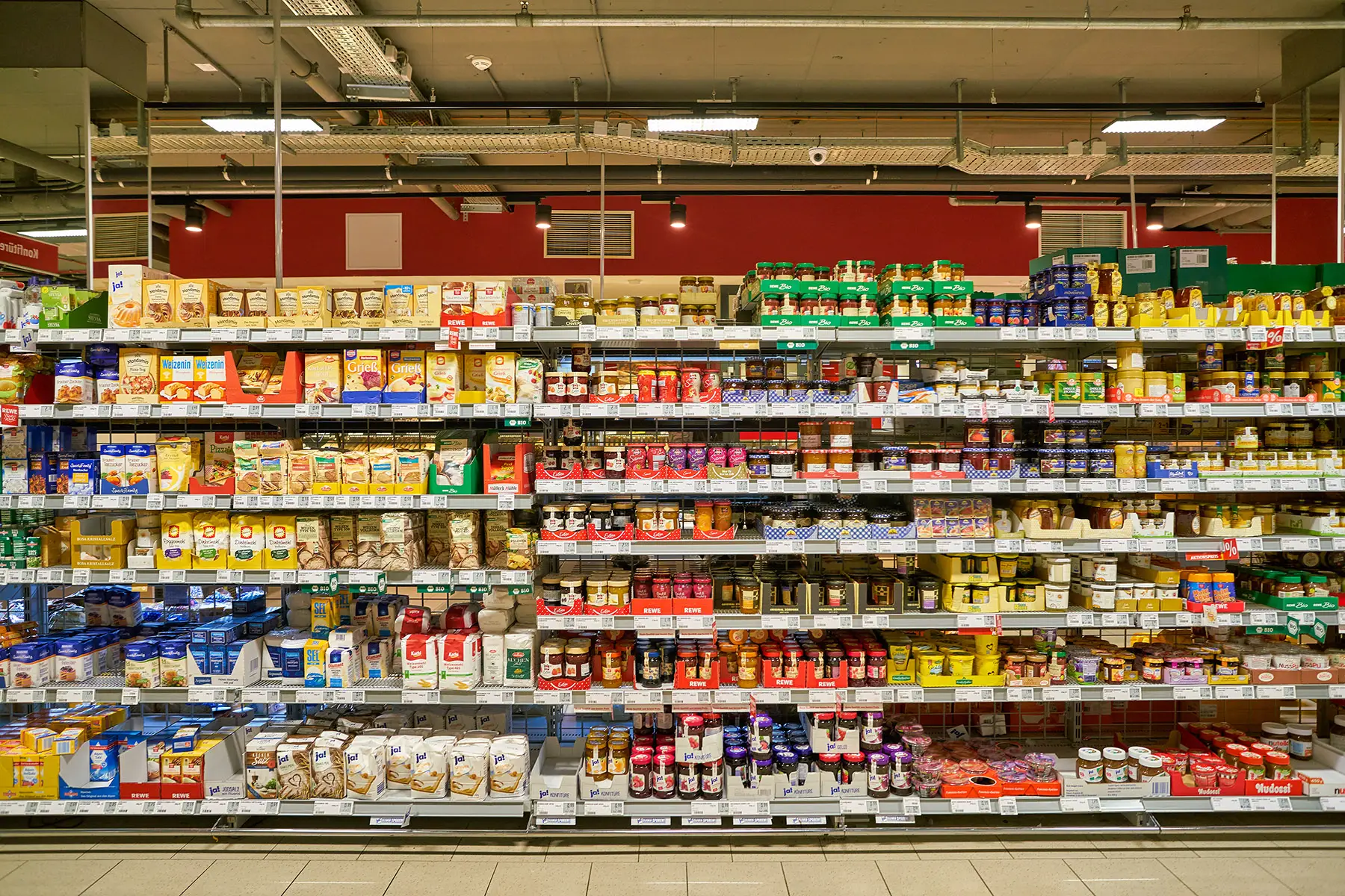 Supermarket shelves filled with products