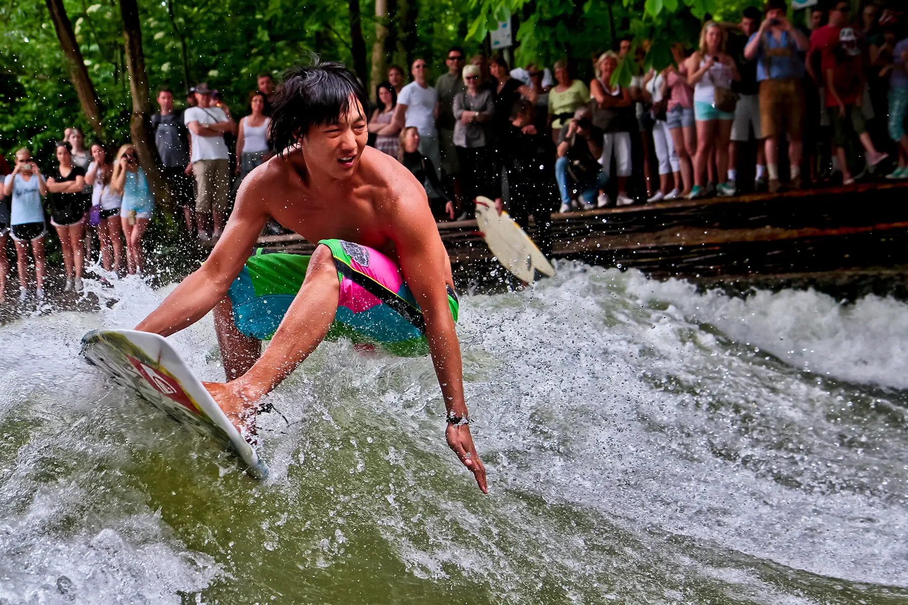 Surfing on the Eisbach in Munich, Germany