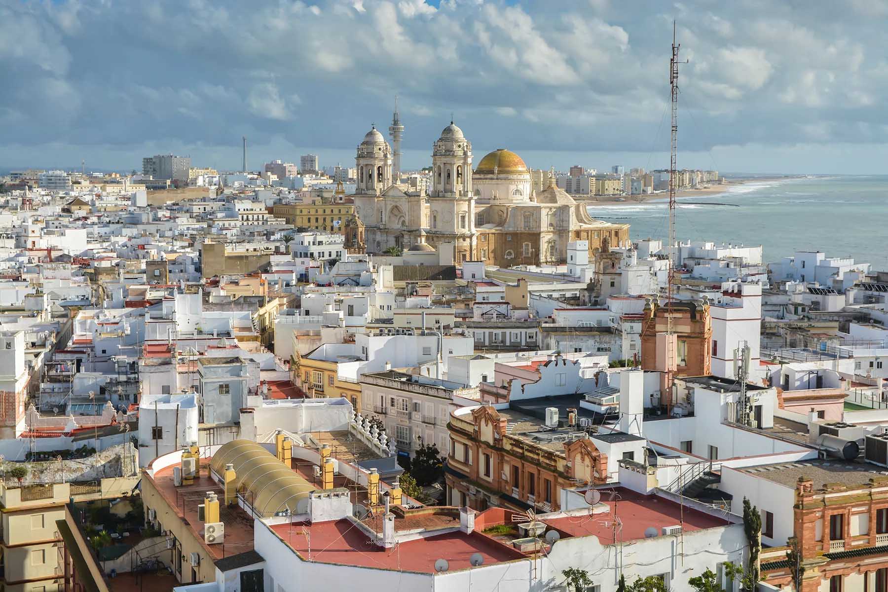 Aerial view of Cádiz cathedral and surrounding city