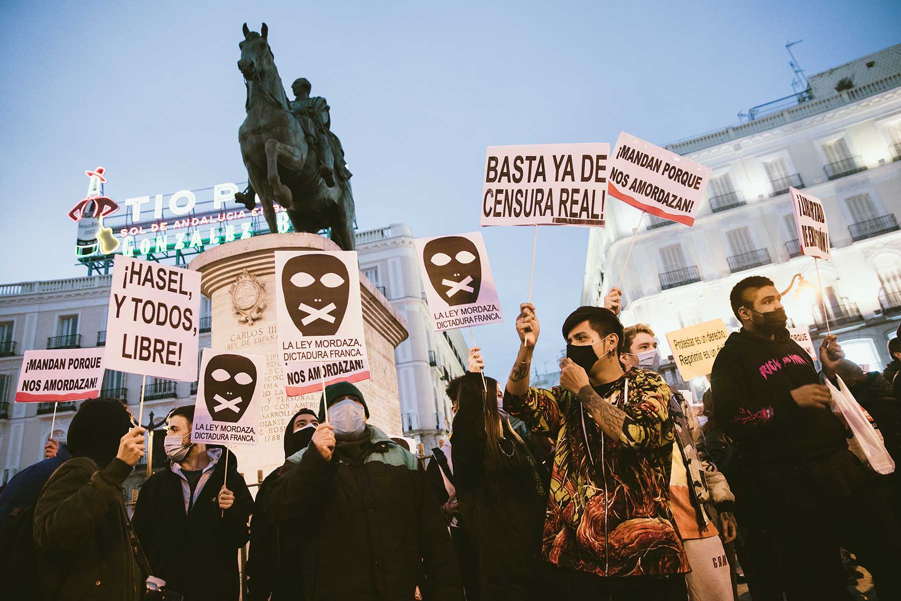 Protesters demonstrate against the sentencing of Catalan rapper Pablo Hasel, who allegedly insulted the Spanish monarchy, the Spanish army and police forces, and praised terrorism.