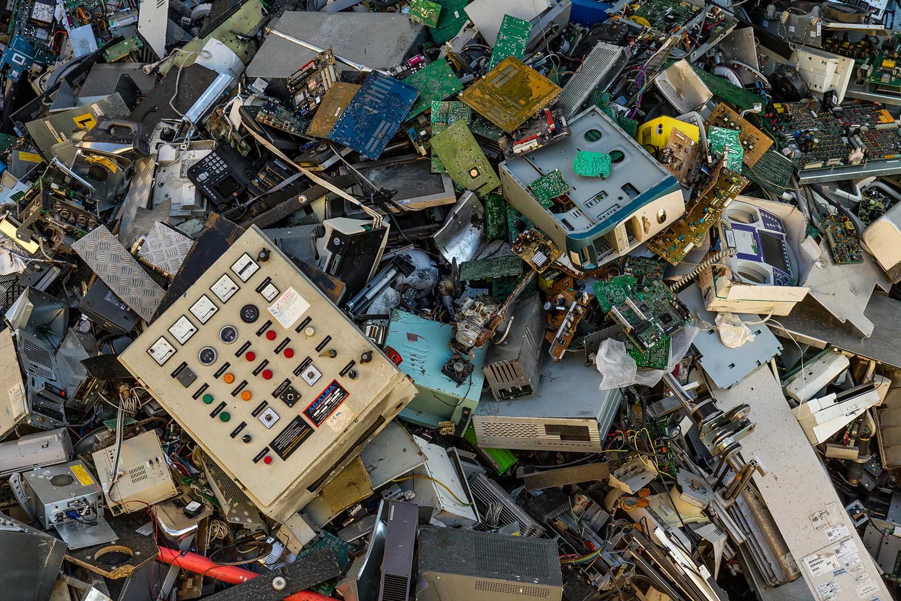 Pile of electronic waste in a recycling center