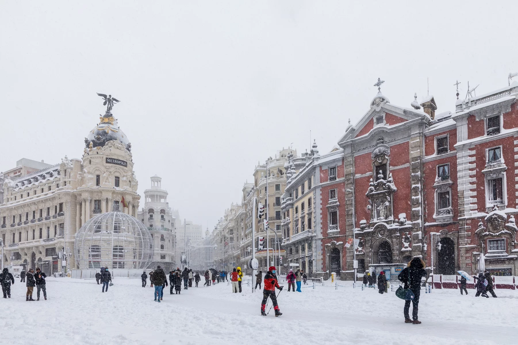 Snow in Madrid city center, winter season in Spain 