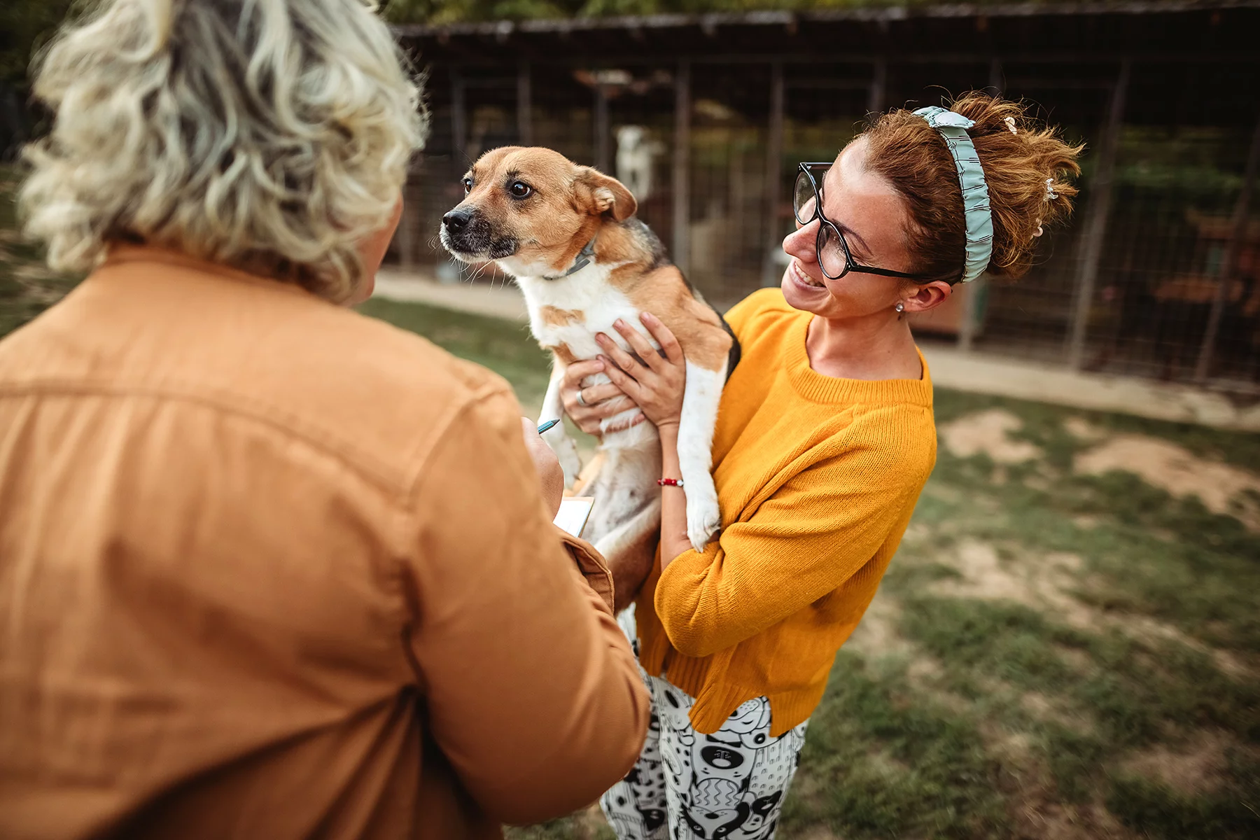 Woman adopting a rescue dog from an animal shelter