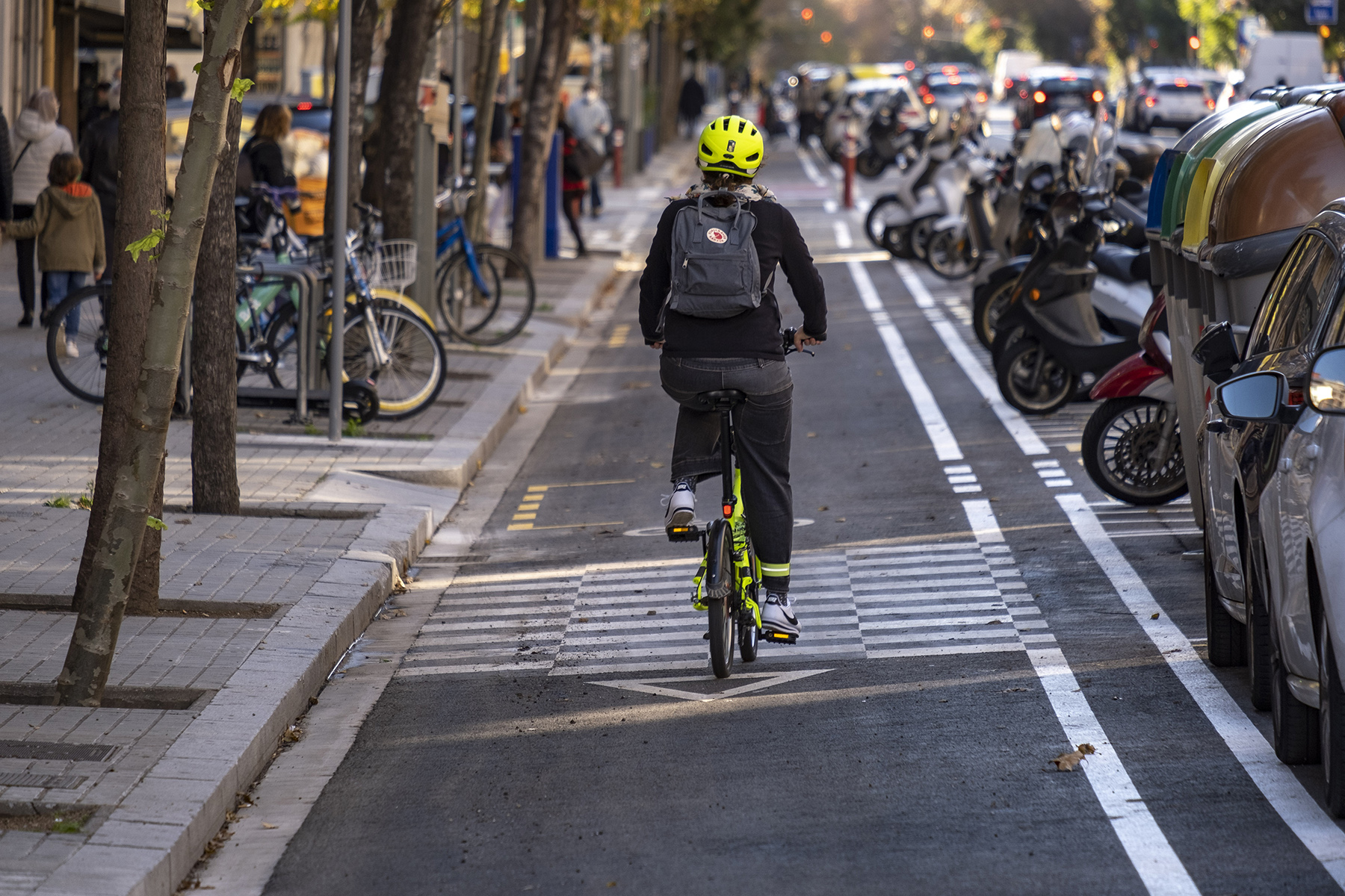 A cyclist using a bike lane in Barcelona, Spain