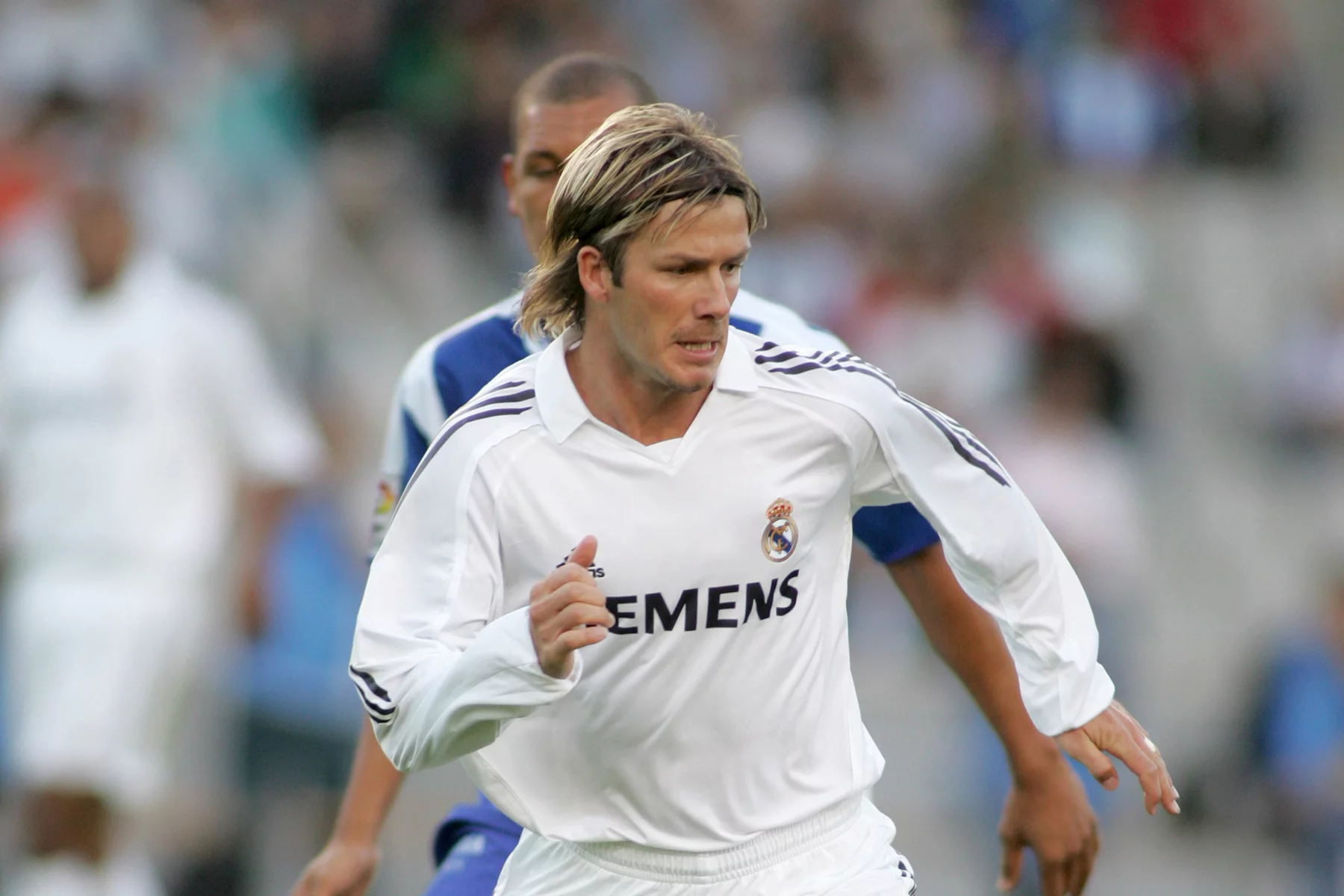 An action shot of David Beckham playing for Real Madrid