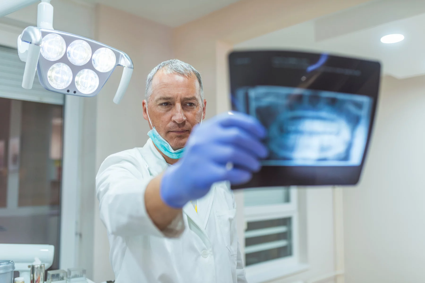 Dentist examining an X-ray