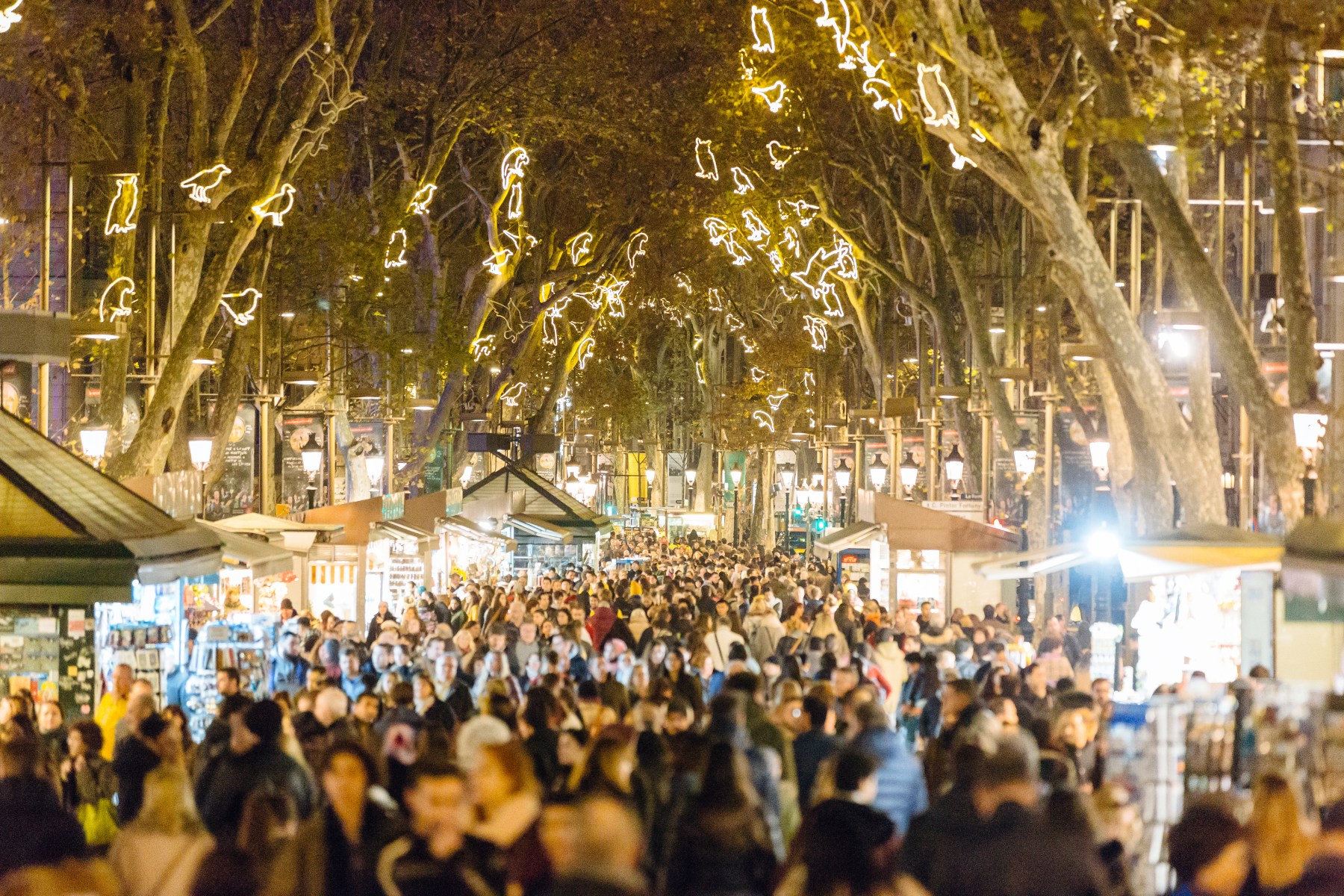 crowds of people walking along La Rambla in Barcelona during a Christmas market