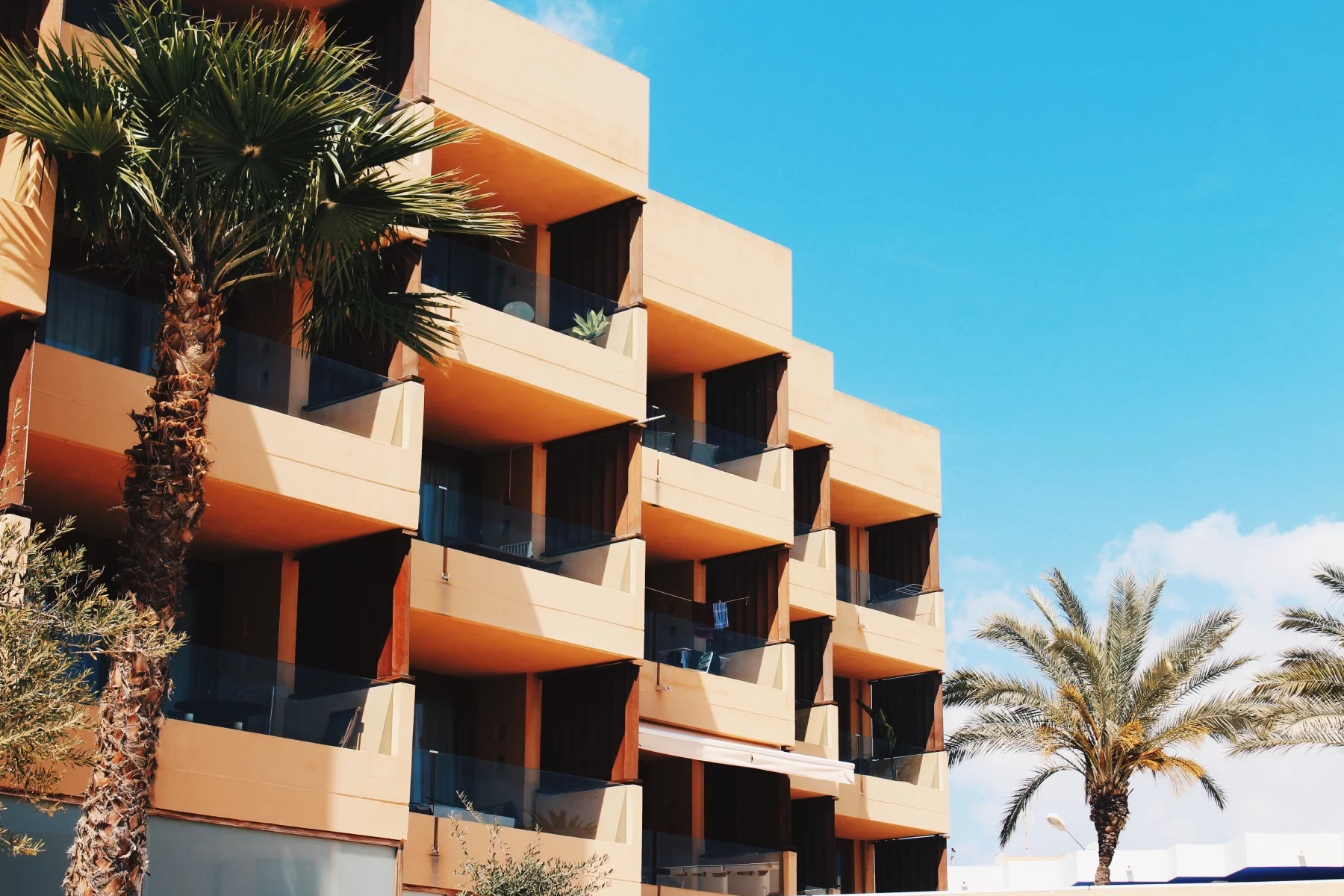 Balconies on a modern apartment building in Ibiza. Palm trees.
