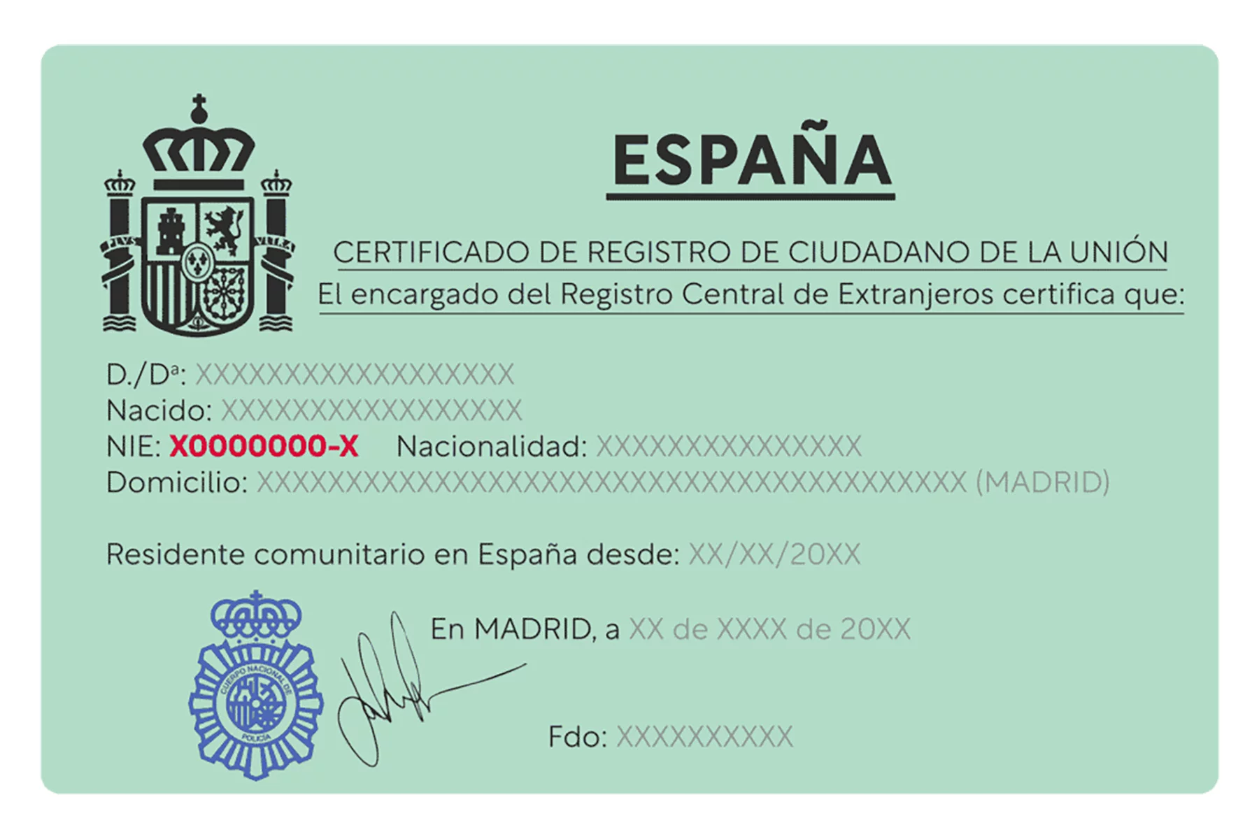 Sample NIE card in Spain