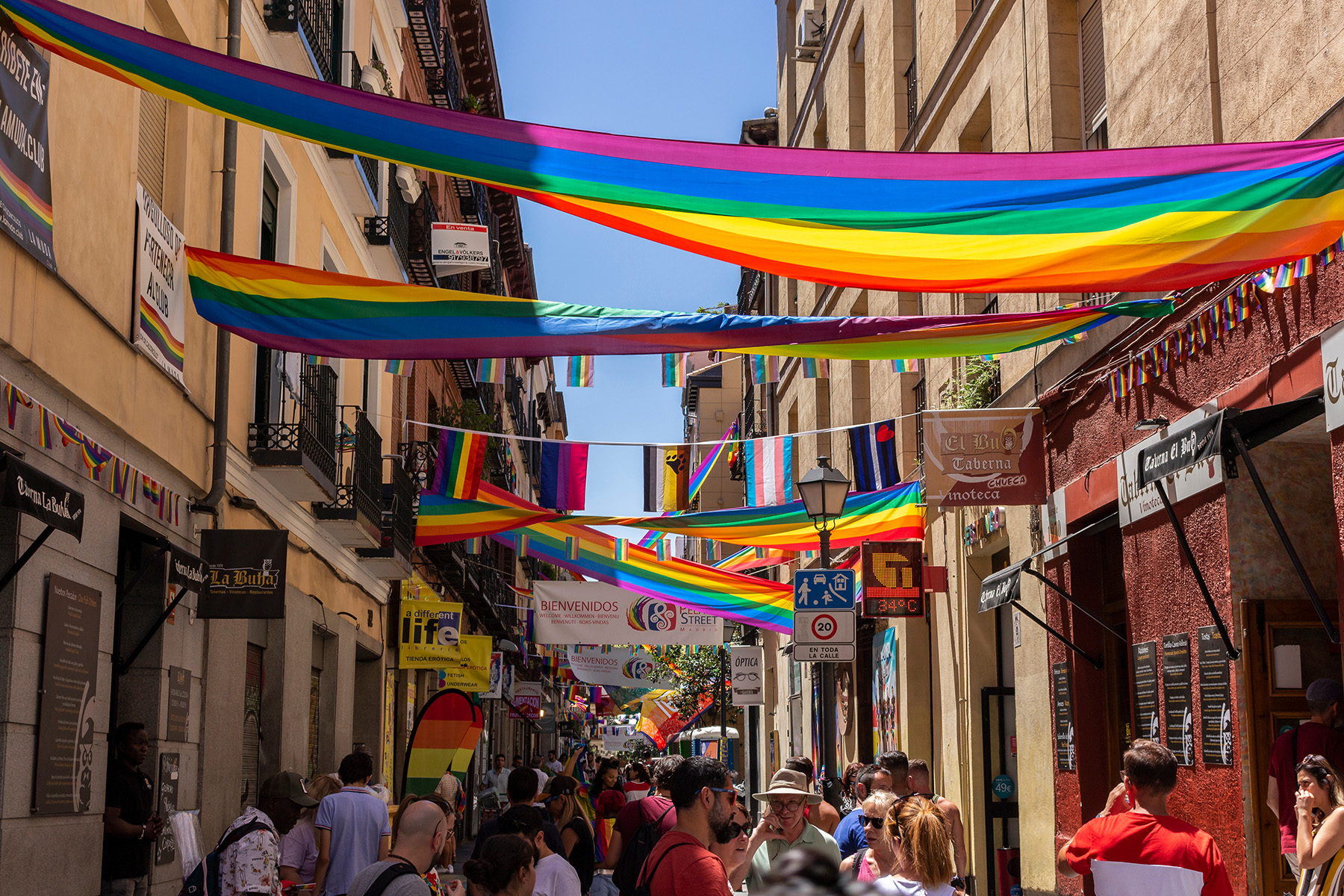 Rainbow banners flying in Chueca, Madrid