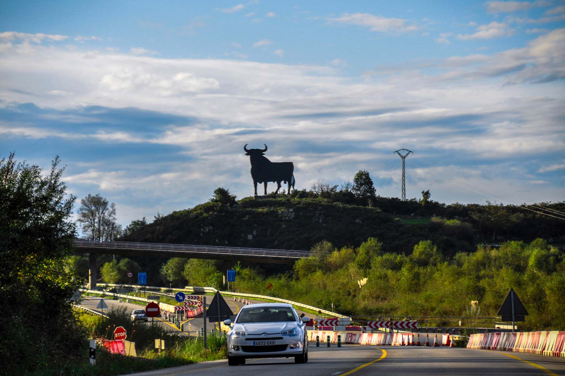highway in Spain with roadside bull on hillside