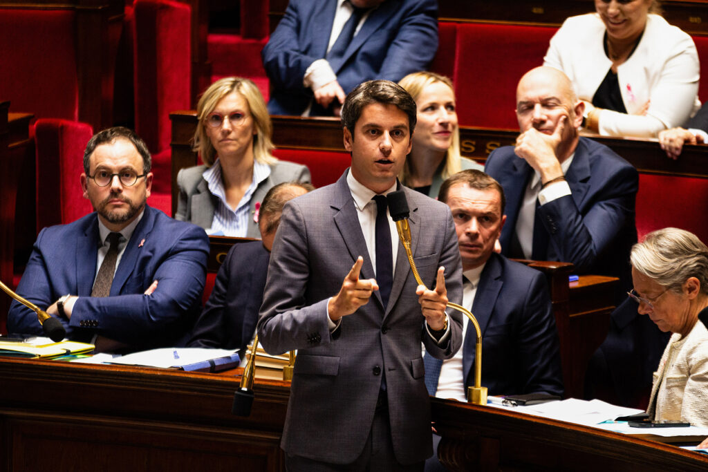 Gabriel Attal, French Minister of Education, (PM from January 2024)speaks during the National Assembly. A weekly session of questions to the French government in the National Assembly at Palais Bourbon, in Paris.