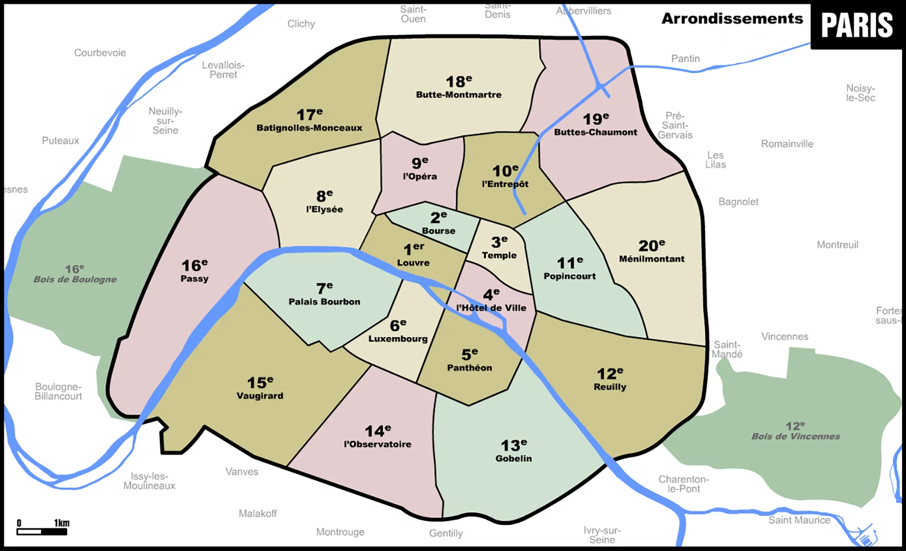 Map of the Paris arrondissements